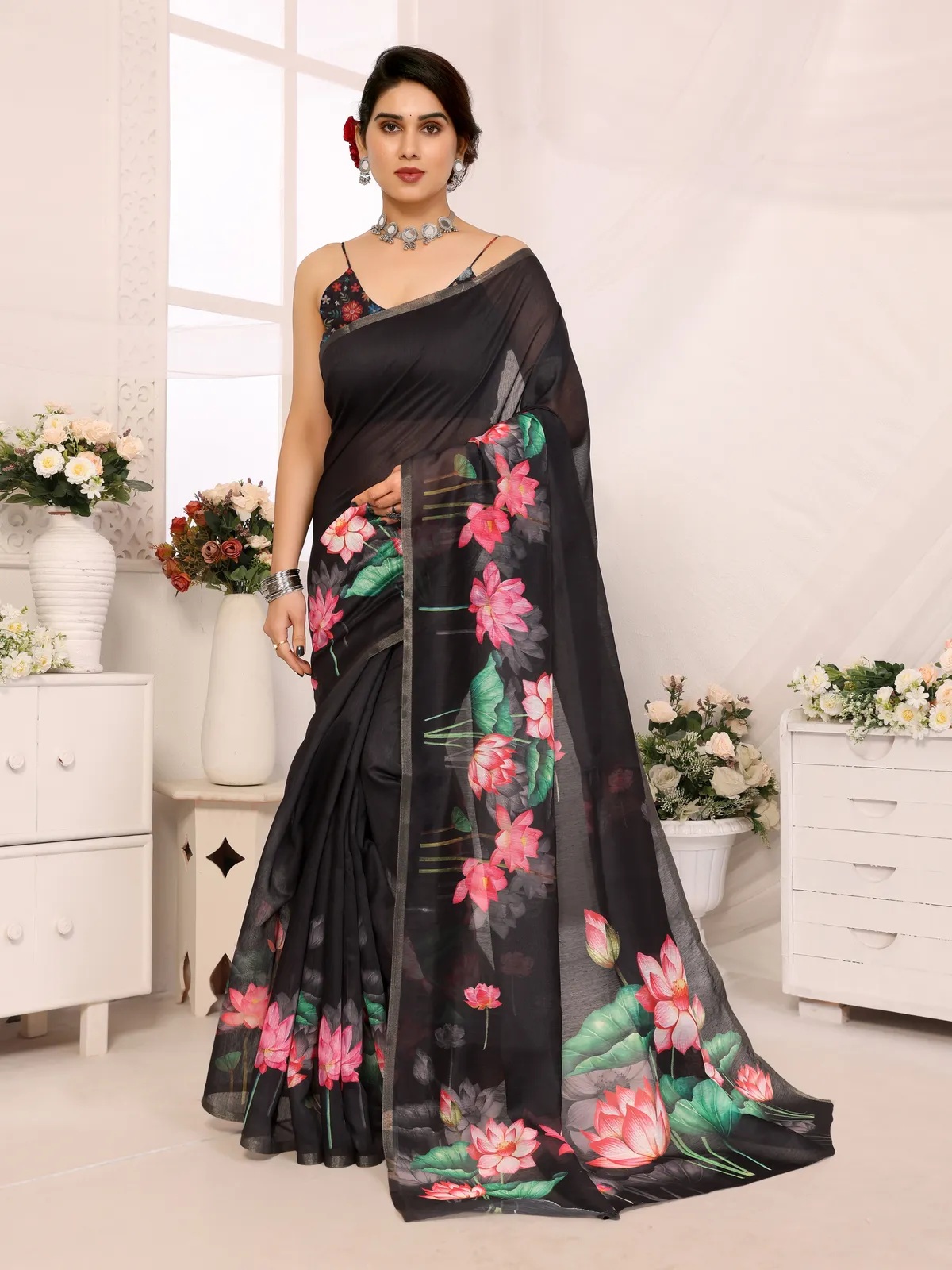 Trending Black Design Floral Chanderi Saree For Women