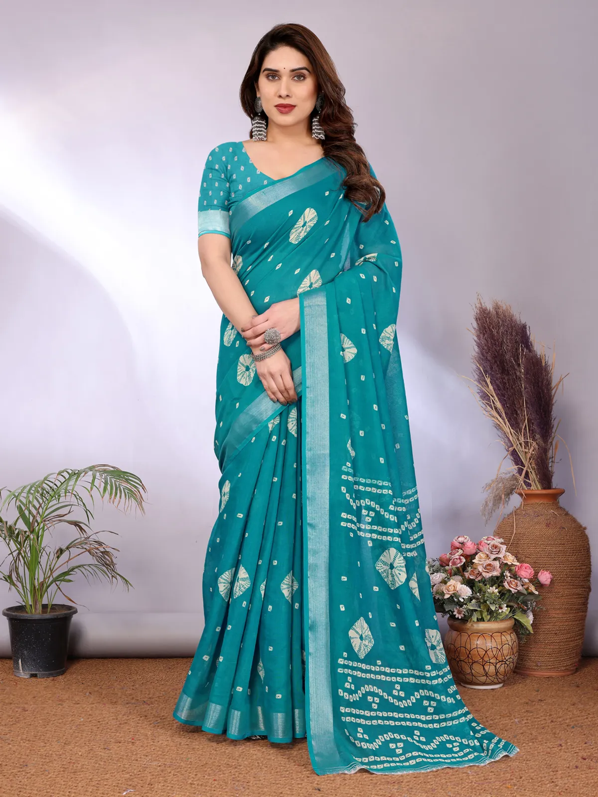 Trending Sea Green Design Bandhani Linen Saree For Women