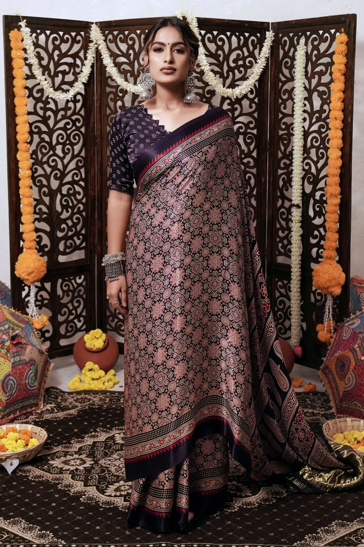 Navy Blue Mystique Gajji Silk Ajrakh Print Bandhani Saree