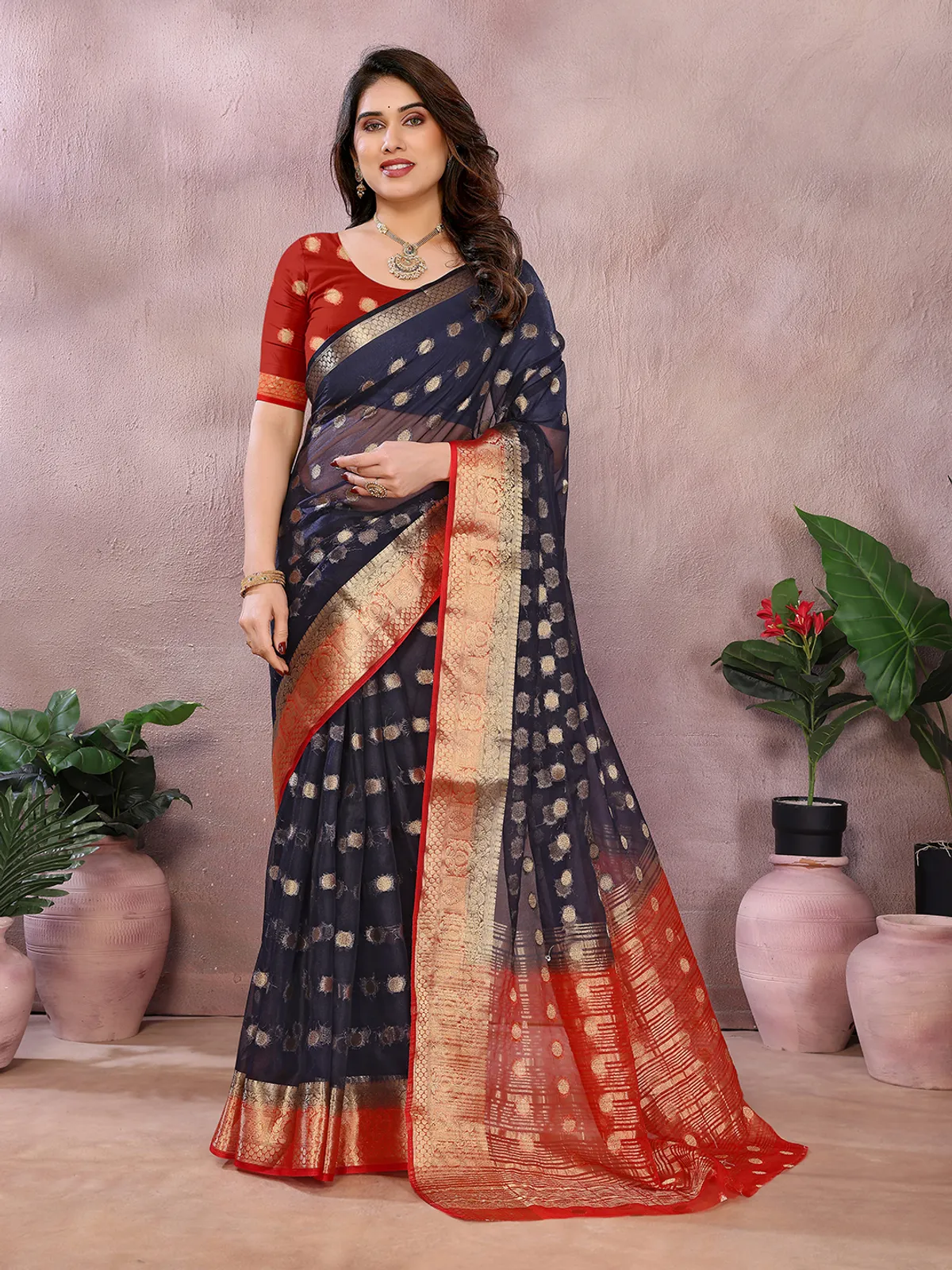 Trending Navy Blue Design Printed Organza Saree For Women