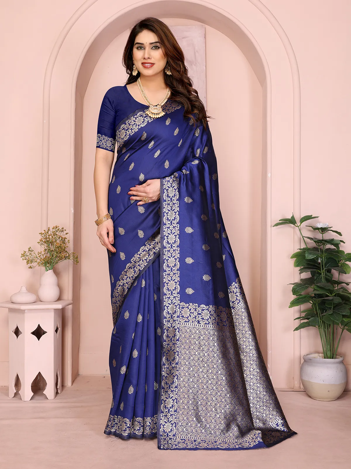 Trending Royal Blue Design Printed Silk Saree For Women