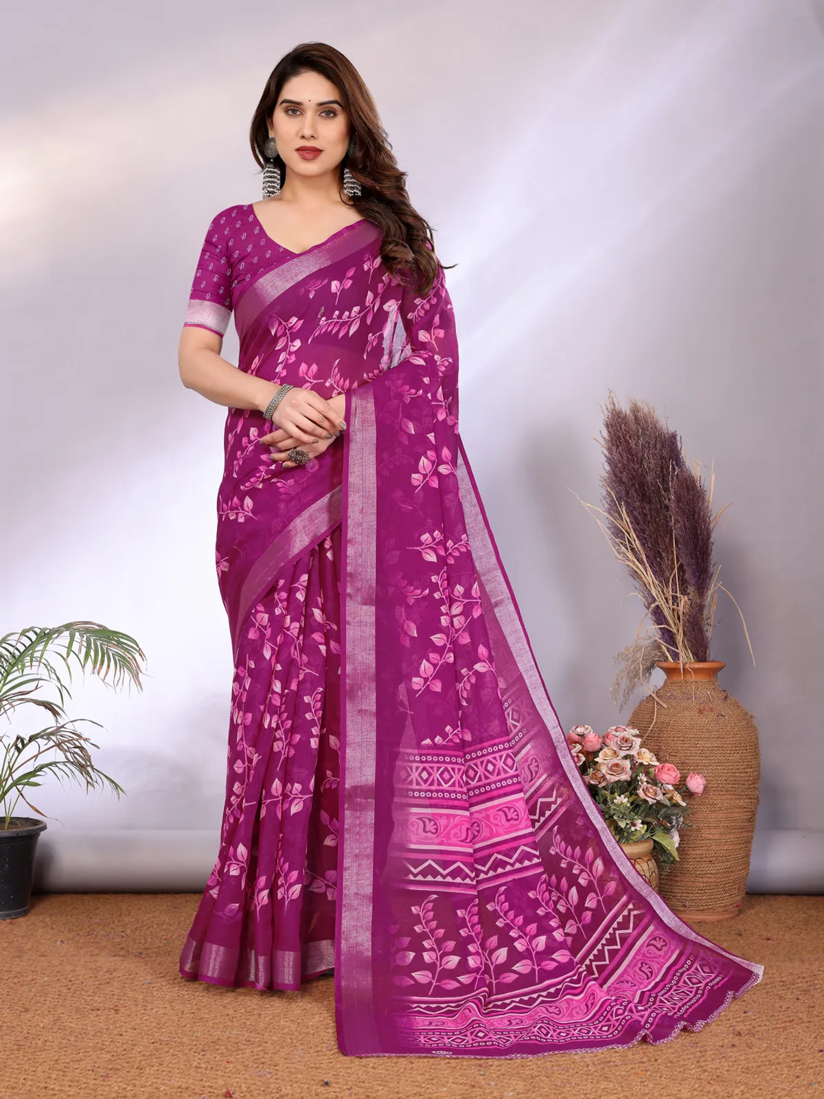 Trending Wine Design Floral Linen Saree For Women