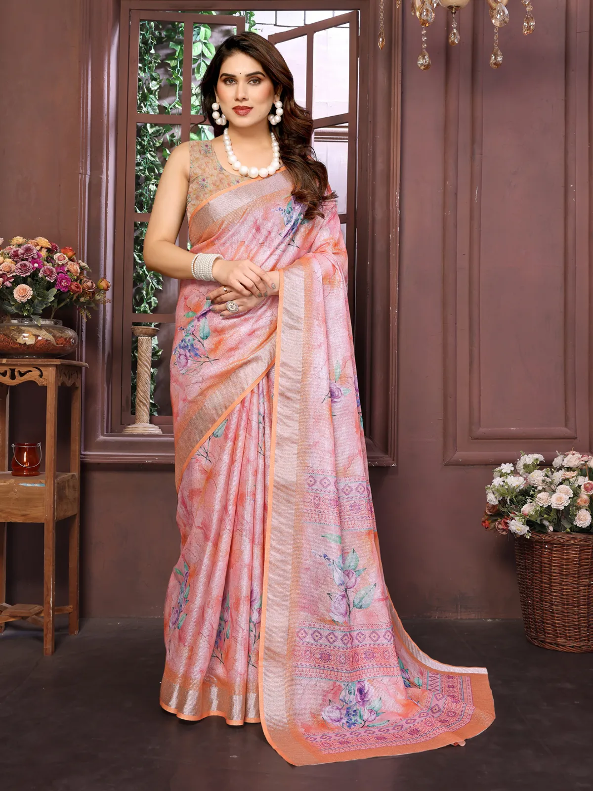 Trending Peach Design Floral Linen Shimmer Saree For Women