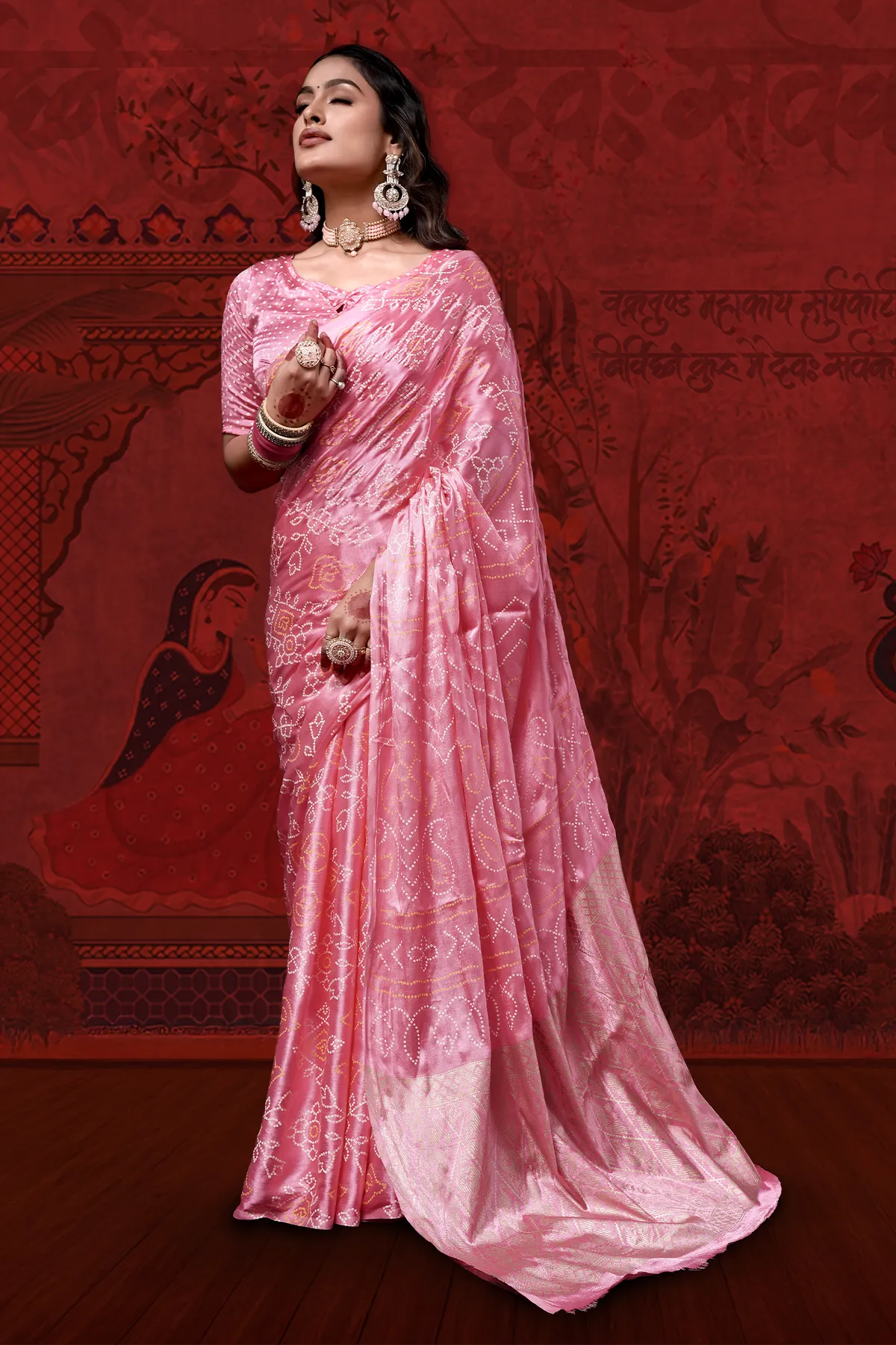 Sparkly Baby Pink Gajji Silk Gold Print Bandhani Saree