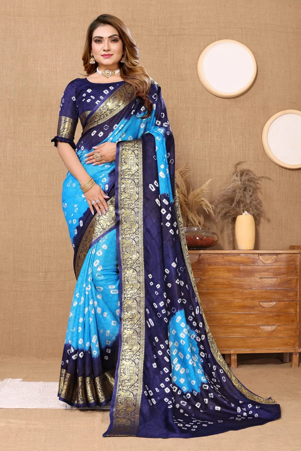Tranquil Sky Blue Jacquard Silk Bandhani Saree