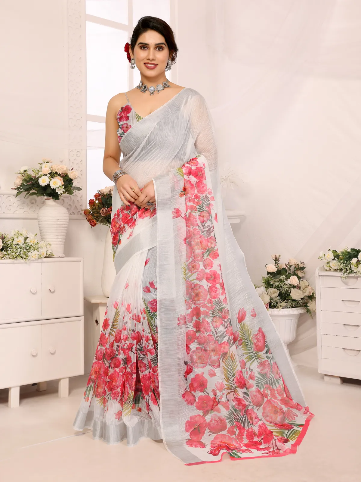 Trending White Design Floral Linen Saree For Women