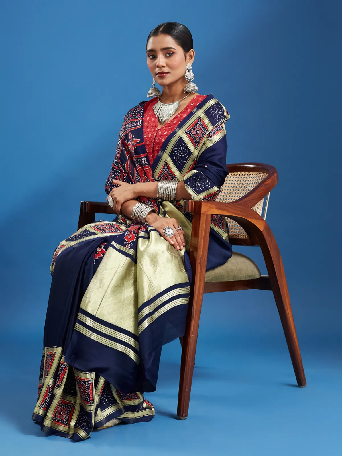 Navy Blue Gajji Silk Ajrakh Saree