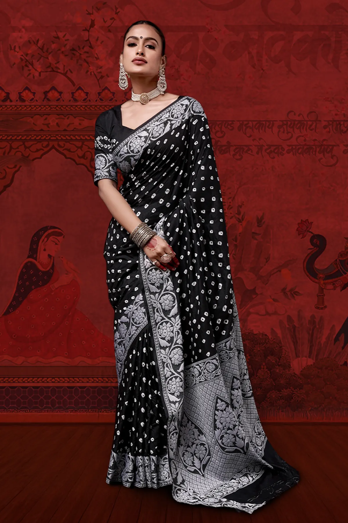 Misty Moonlight Dola Silk Lucknowi Silver Work Bandhani Saree