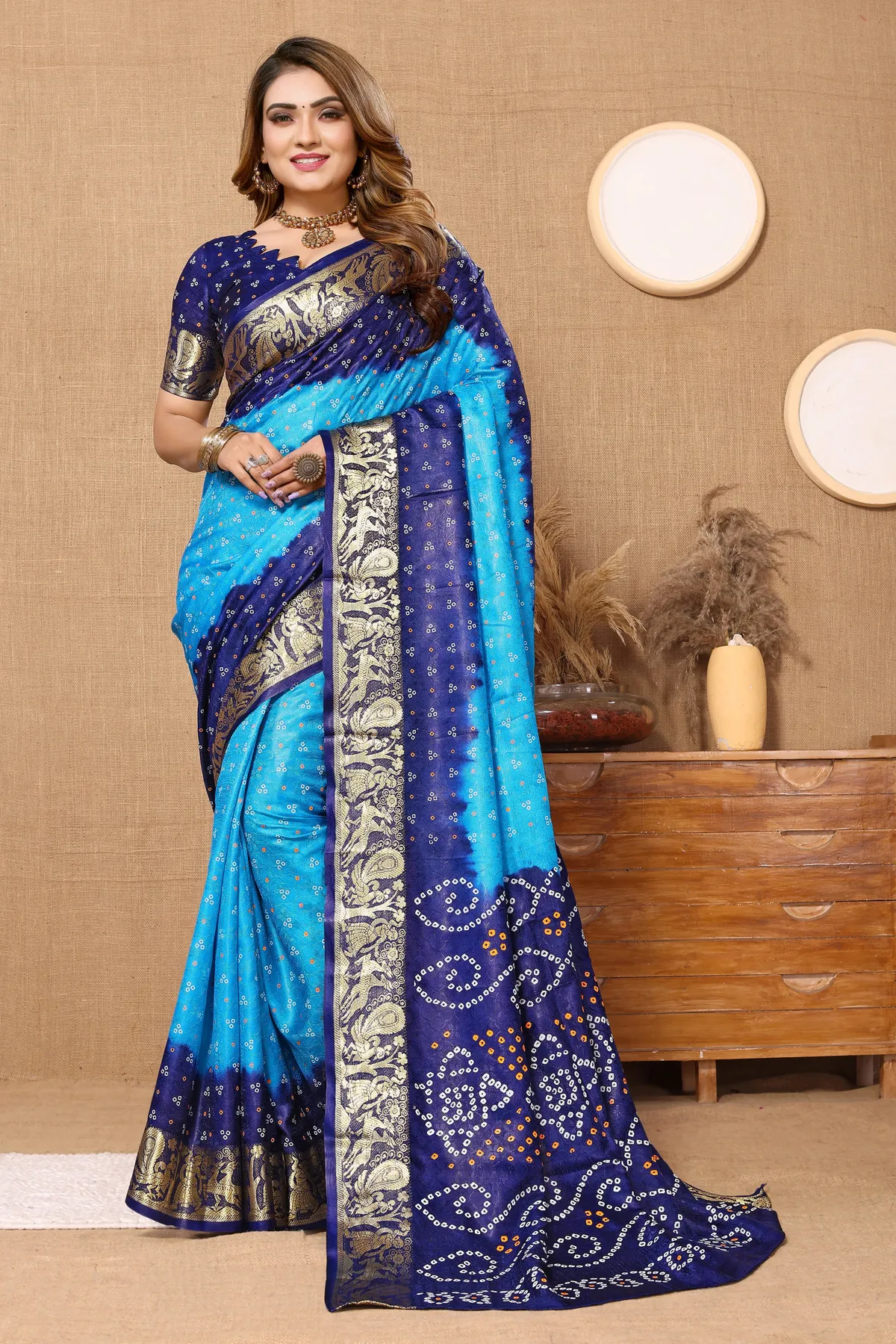 Ornate Blue Jacquard Silk Bandhani Saree