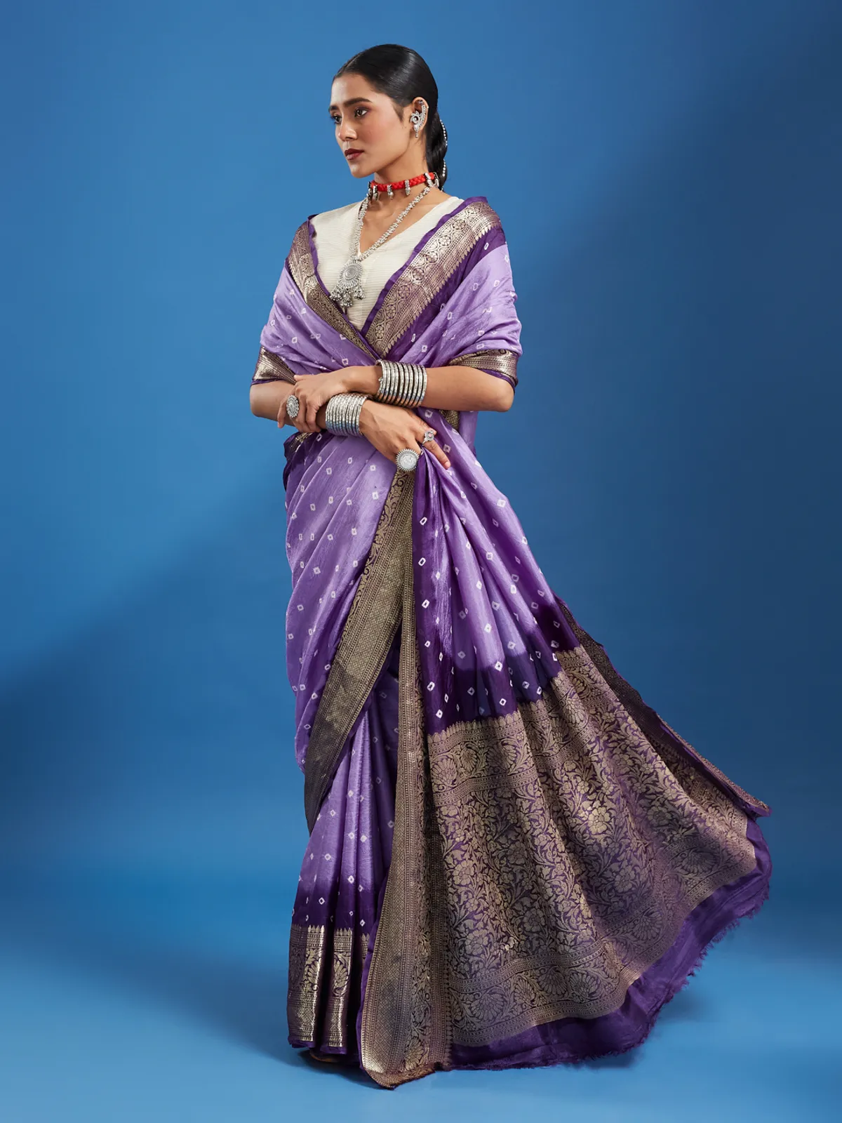 Purple Silk Blend Bandhani Saree
