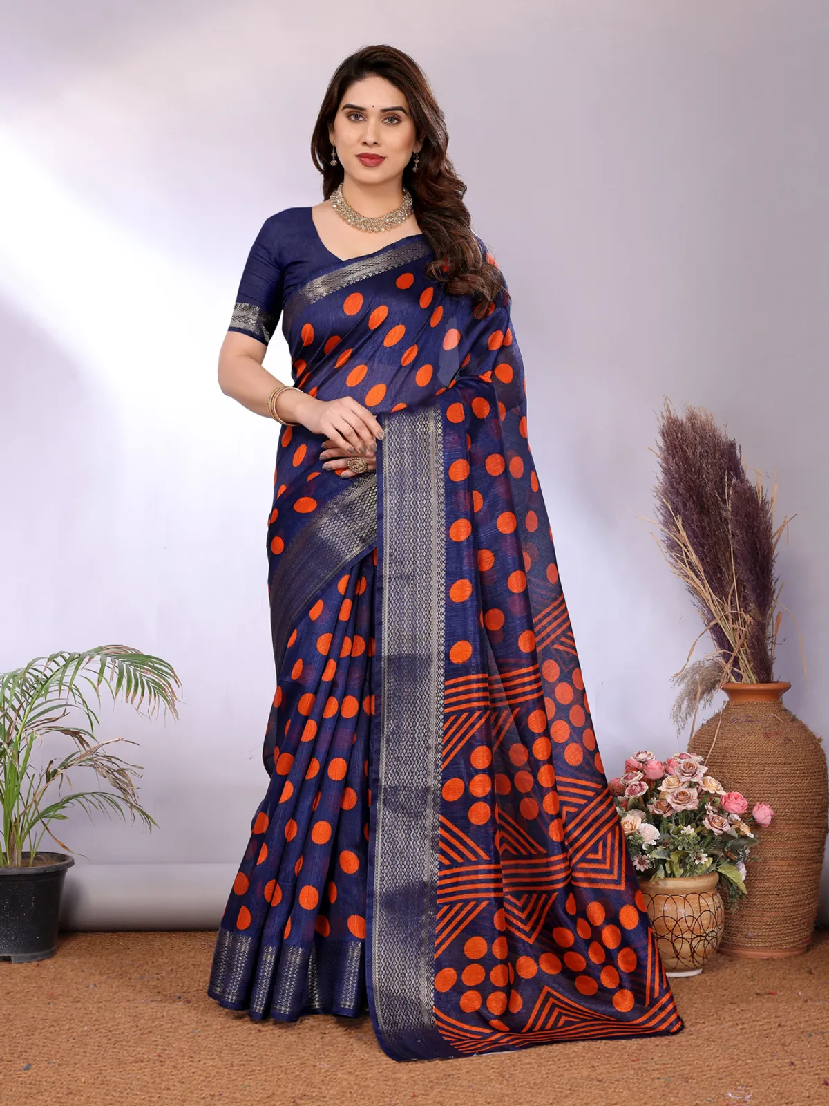 Trending Navy Blue Design Printed Cotton Blend Saree For Women