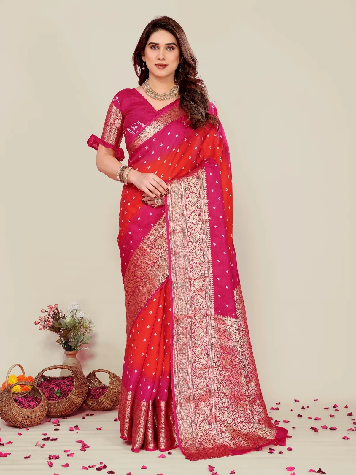 Trending Orange Pink Kanjeevaram Silk Bandhani Saree