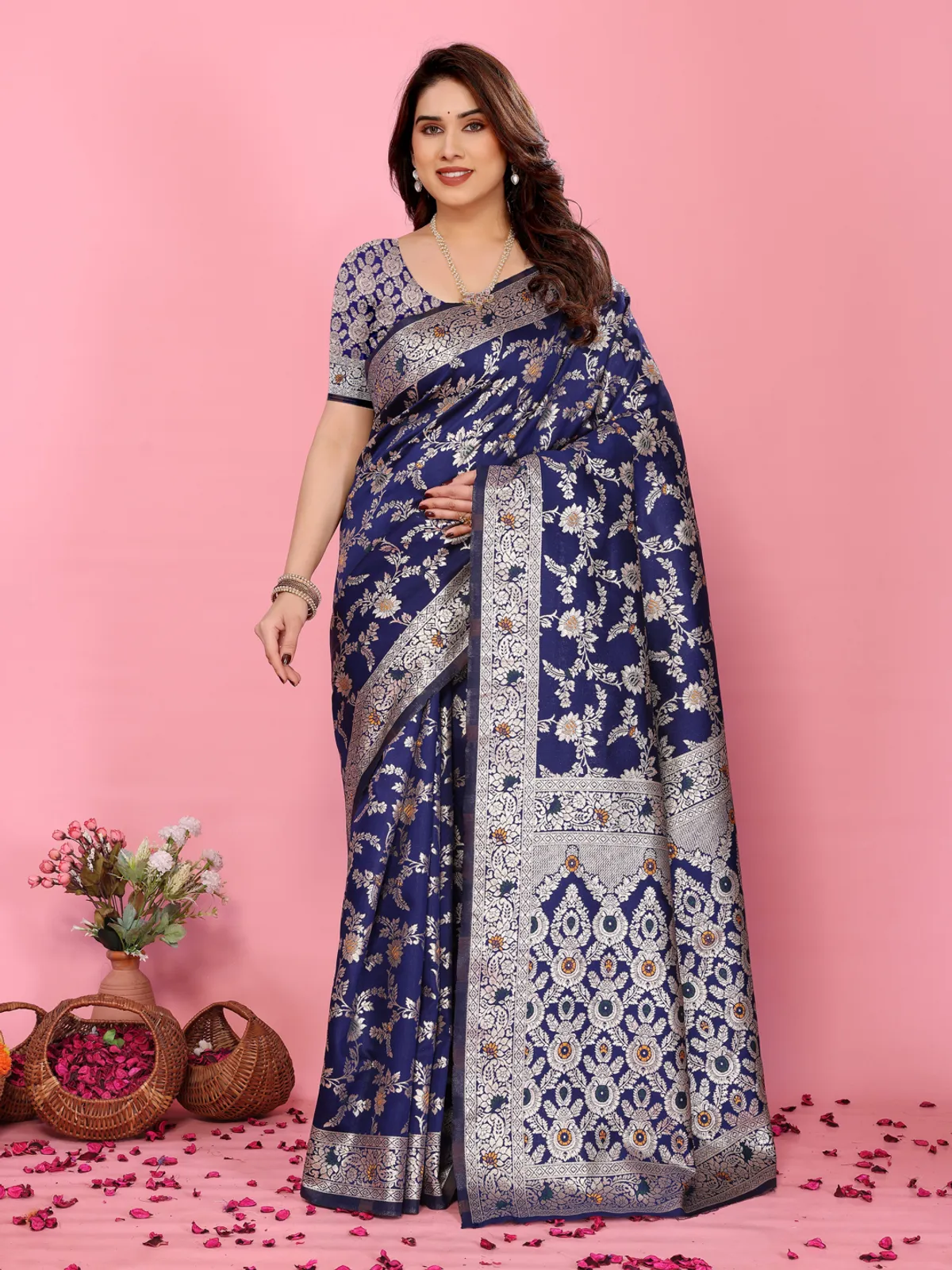 Trending Navy Blue Design Printed Silk Saree For Women