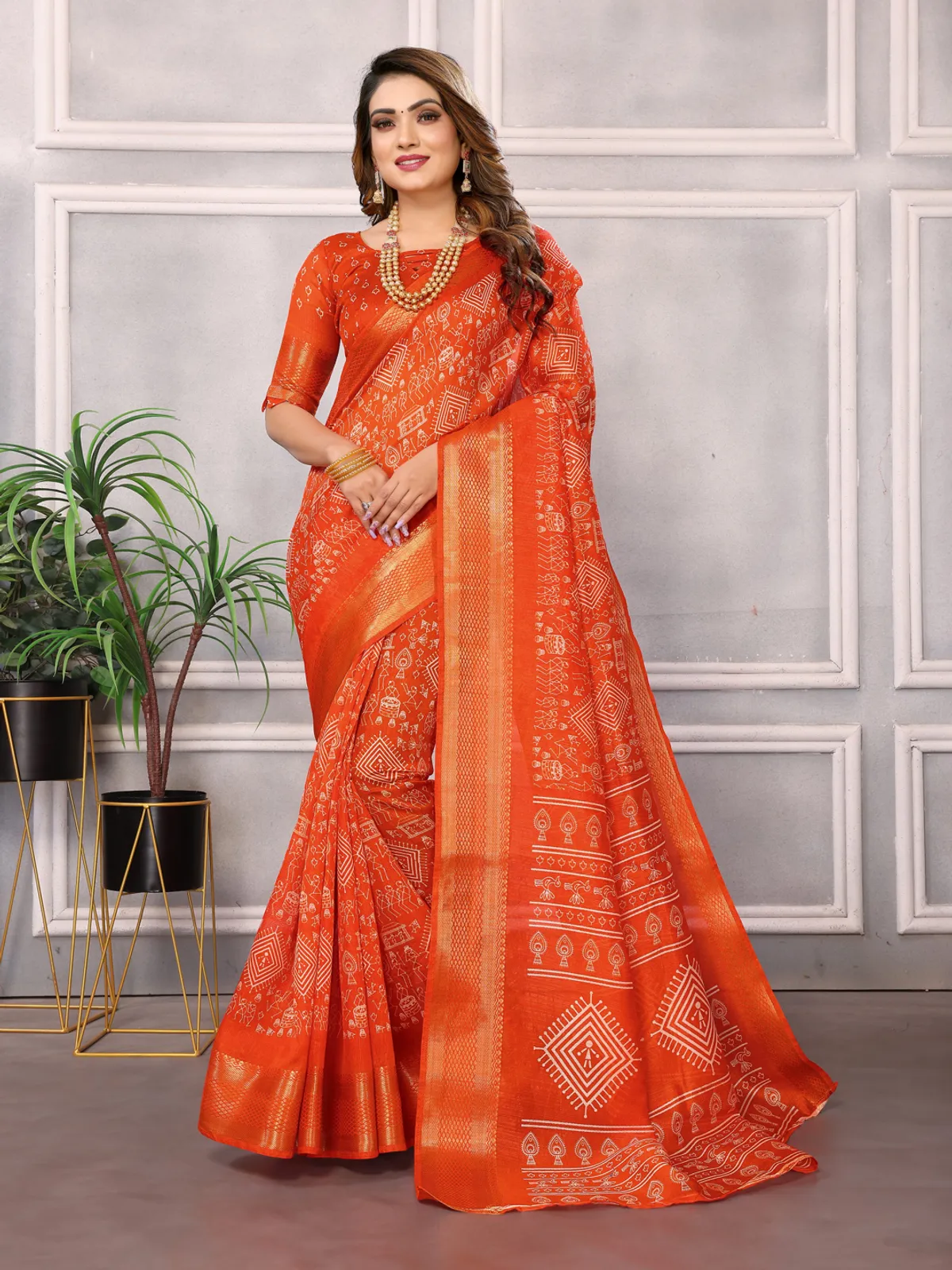 Trending Orange Design Printed Cotton Blend Saree For Women