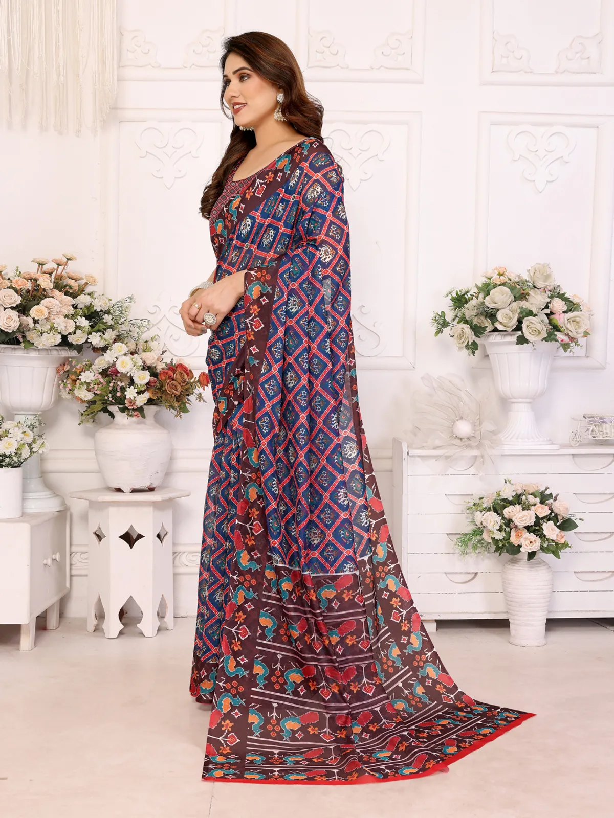 Trending Dark Blue Design Patola Chanderi Saree For Women