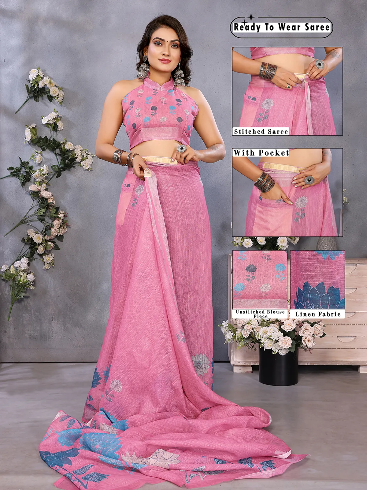 Pink Floral Ready to Wear Linen Saree with Pocket | Digital Print & Silver Jari Border
