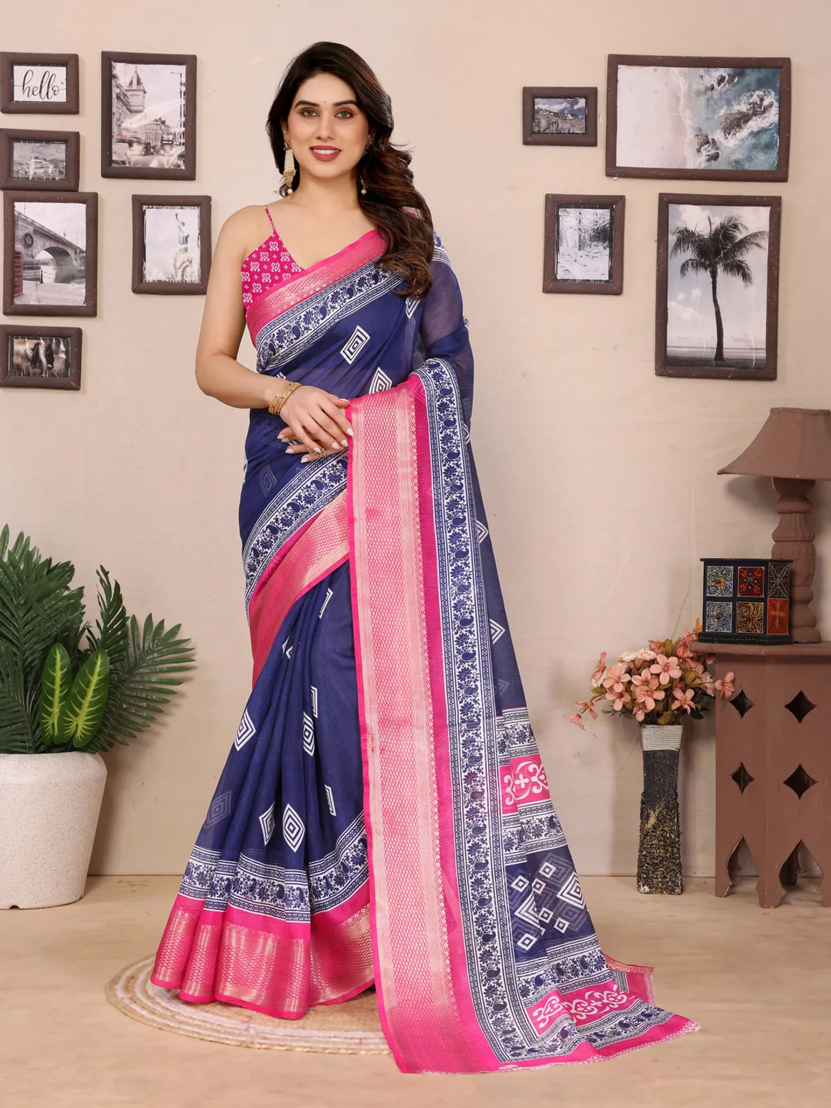 Trending Navy Blue Design Abstract Cotton Blend Saree For Women
