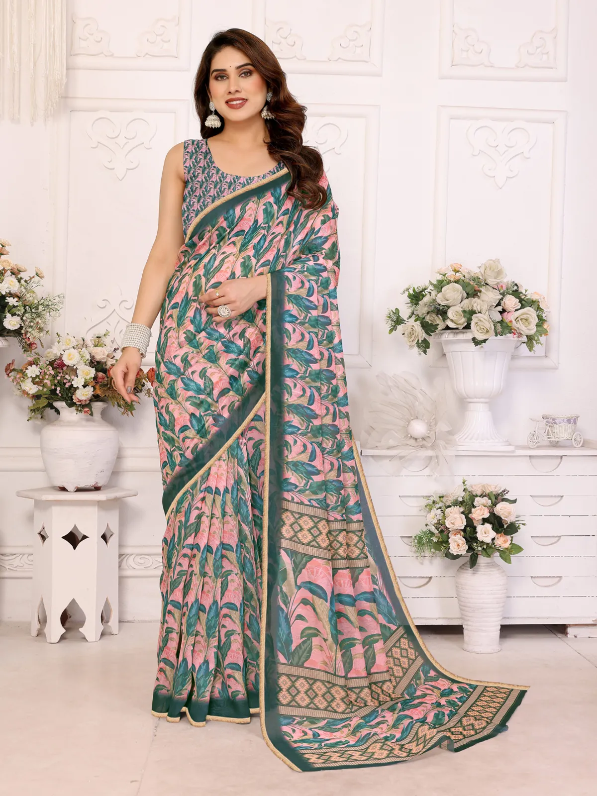 Trending Green Design Floral Chanderi Saree For Women
