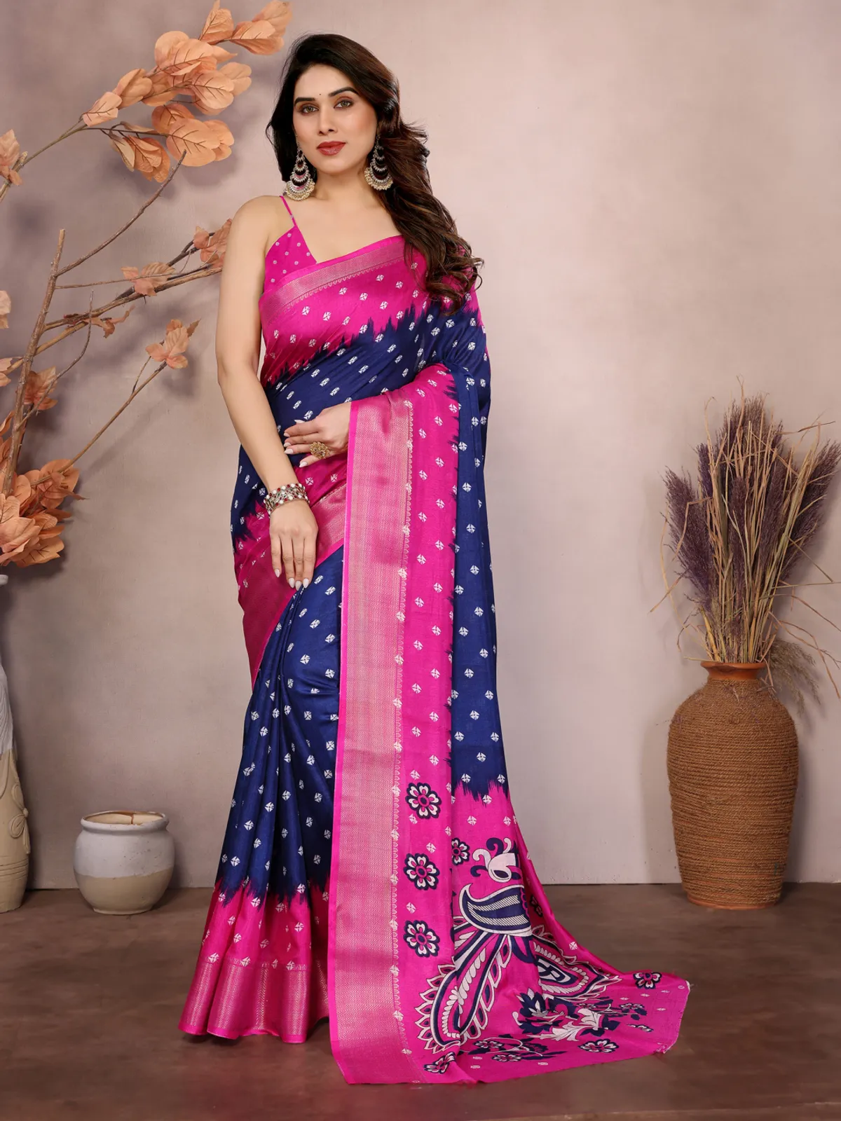 Trending Navy Blue Design Bandhani Dola Silk Saree For Women