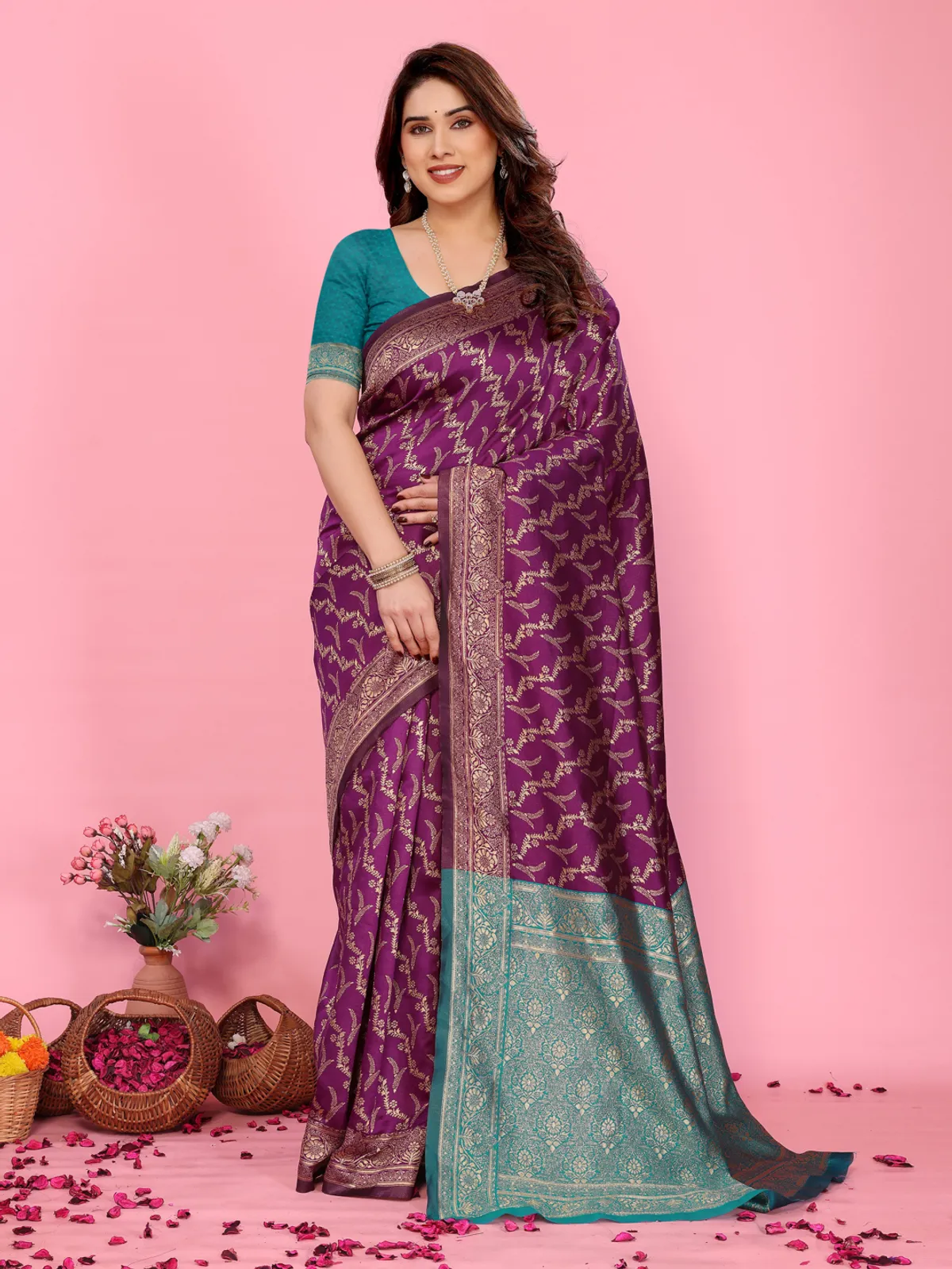 Trending Wine Design Printed Silk Saree For Women
