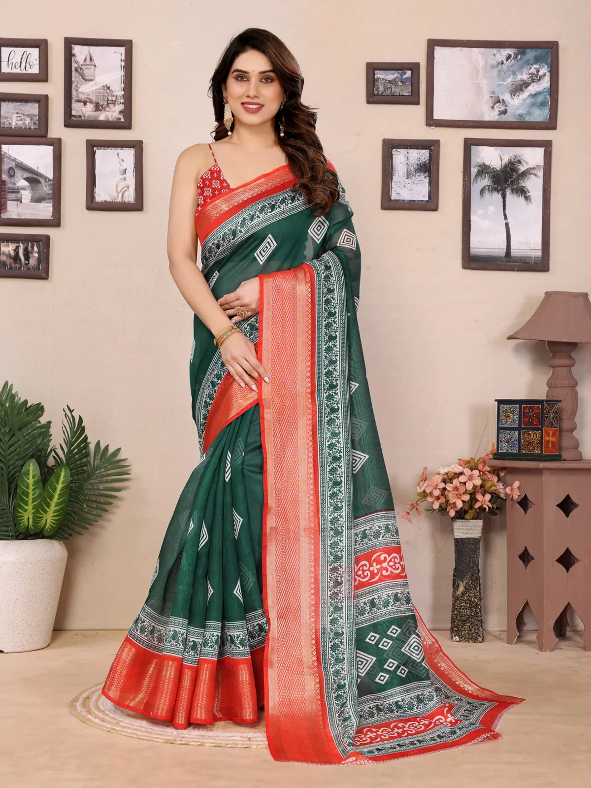 Trending Green Design Abstract Cotton Blend Saree For Women