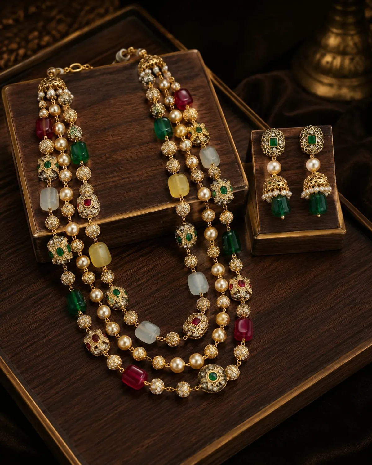 ANTIQUE 3 LAYER MONALISA STONE NECKLACE SET