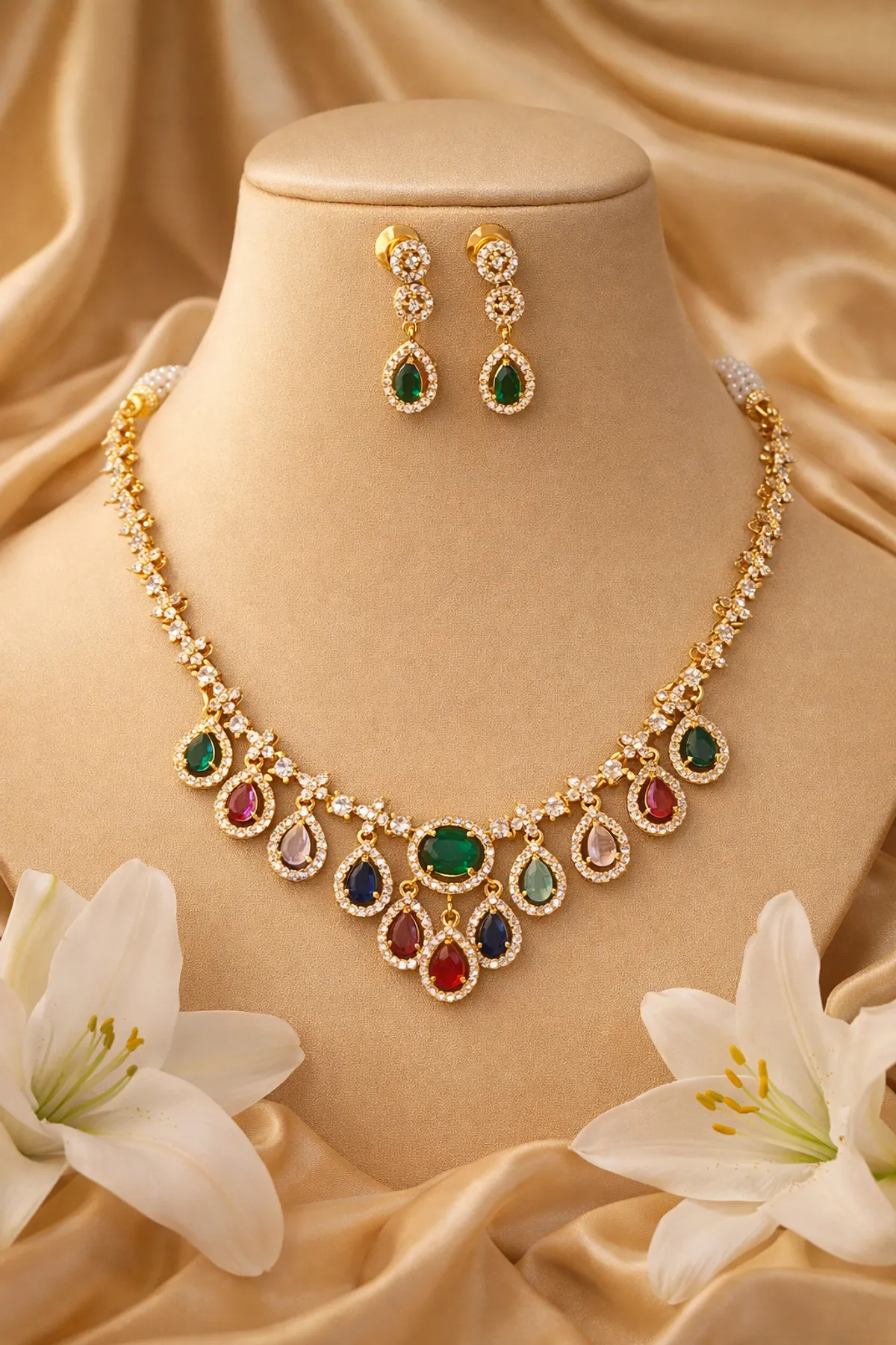 MADHURI ELEGANT MULTICOLOUR TEARDROP NECKLACE SET 2.0 – GOLD FINISH
