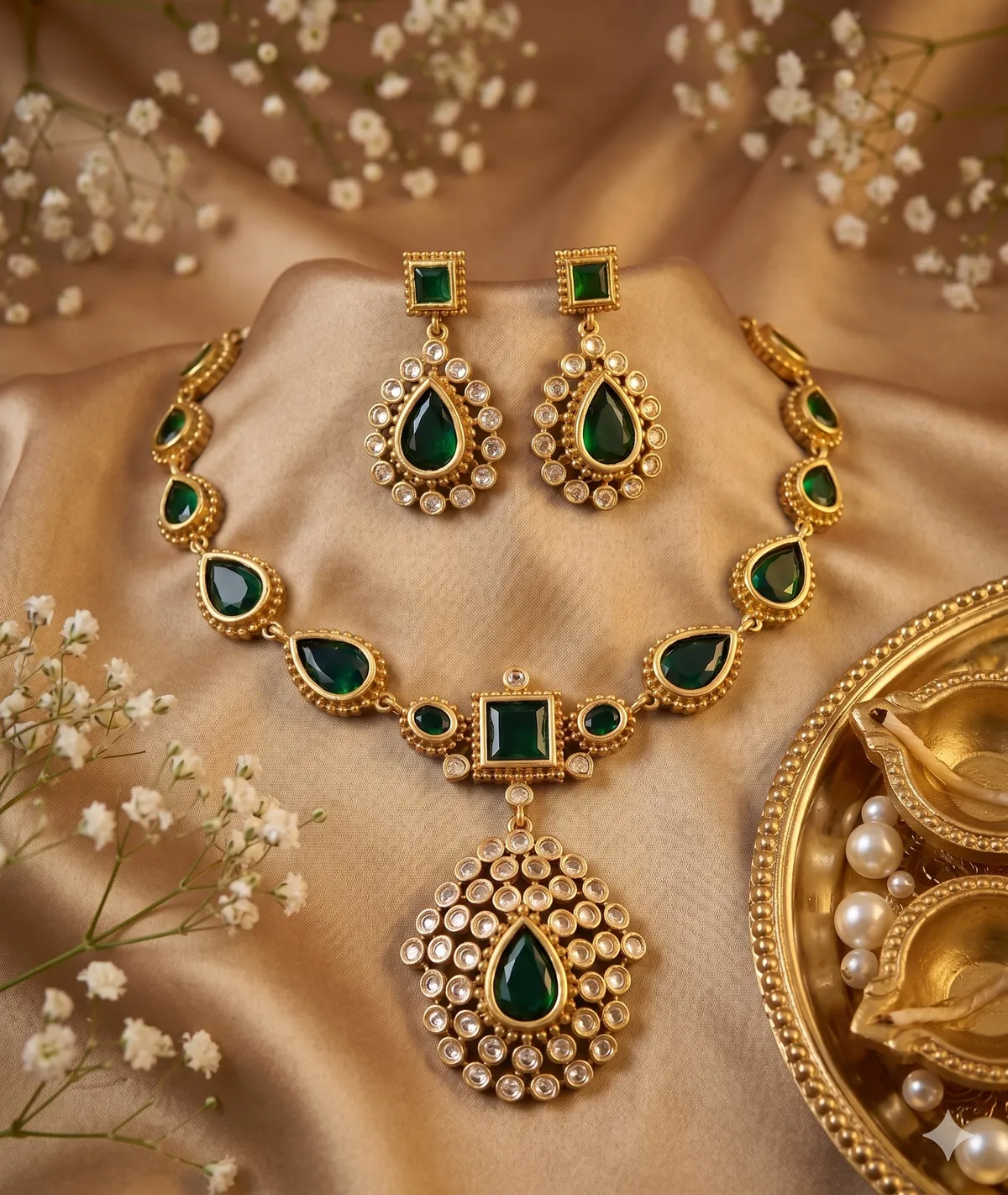 MISHA EMERALD GREEN KUNDAN NECKLACE SET