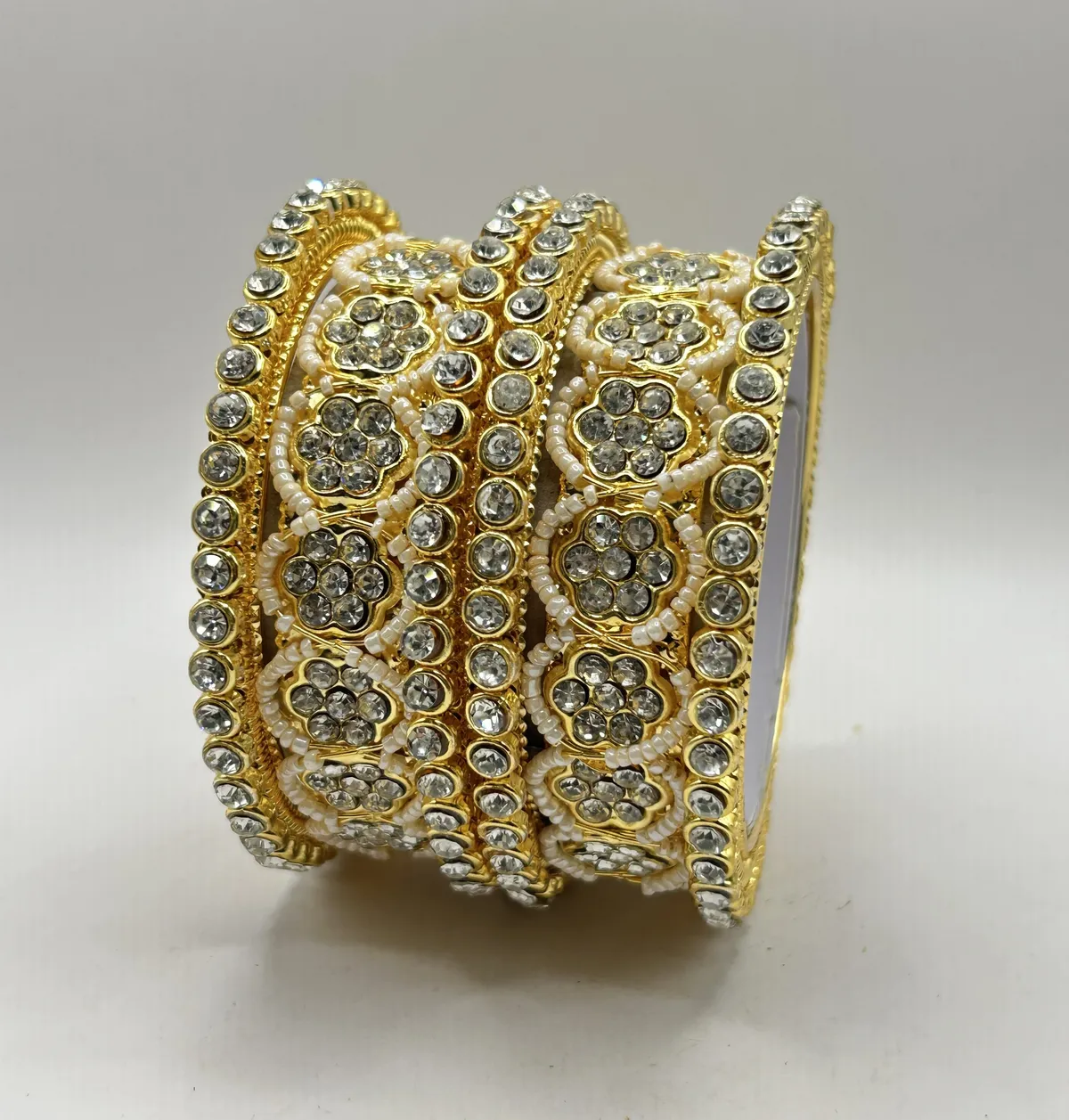 Gold Plated Pearl Work Stone Studded Bangles 6Pic Set