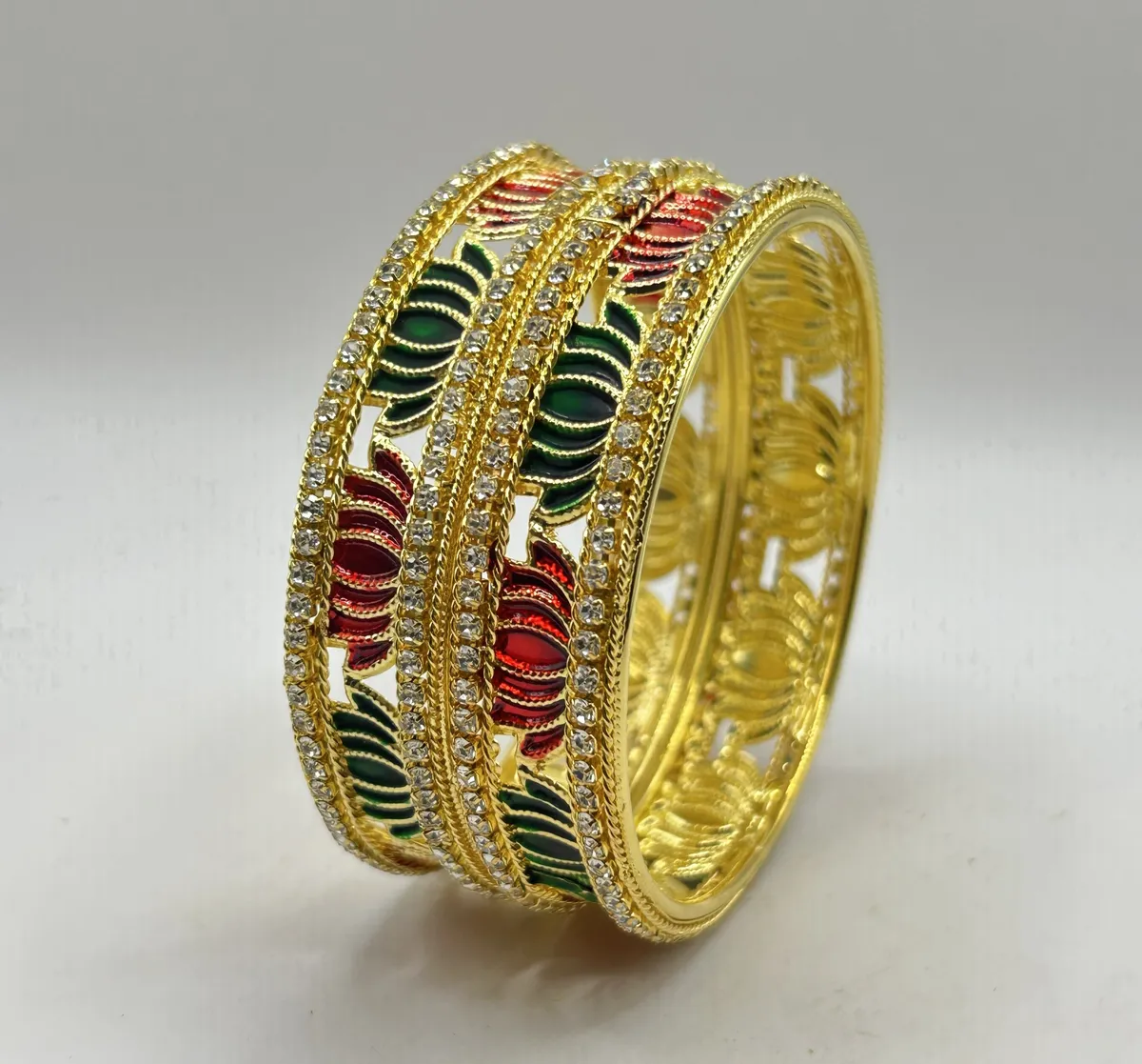 Gold Plated Lotus Design Ad Stone Maroon & Green Meenakari Work Bangles 2Pc Set