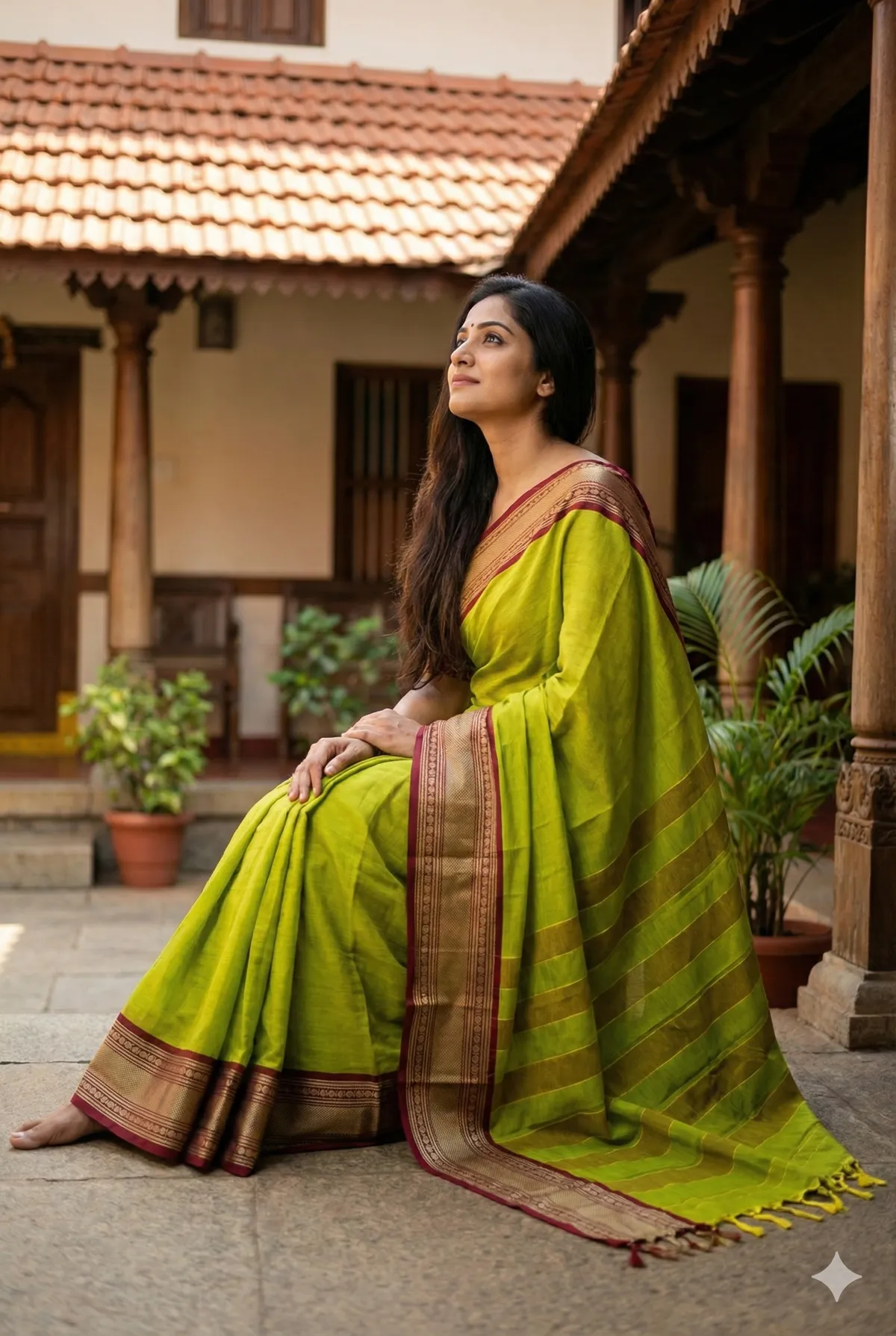 Mehendi Green Cotton Thread Border 100% Saree For Women