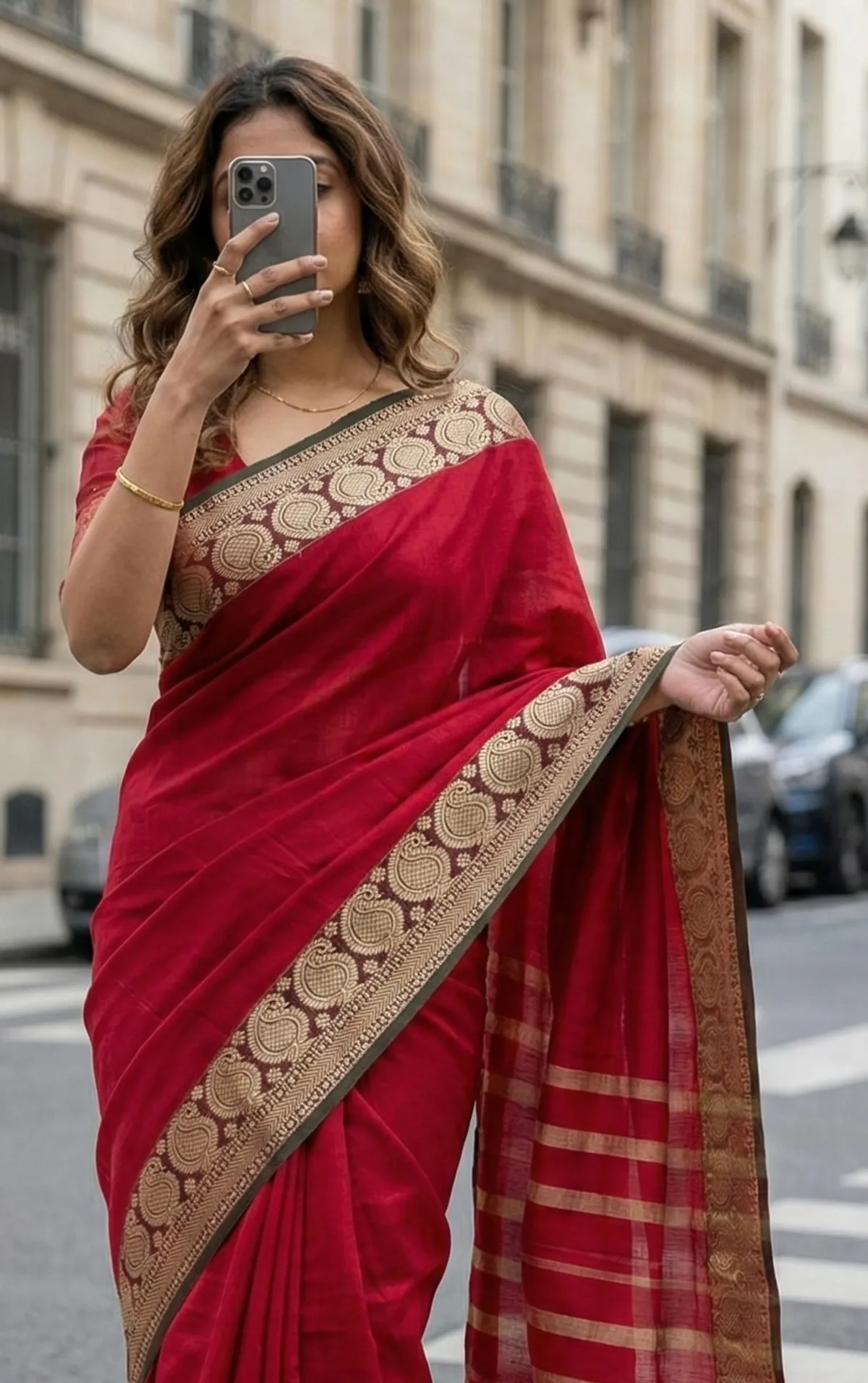 Mango thread Border mercerised naraynpet cotton 100% with 6.20 m saree & 0.80 cm running blouse red