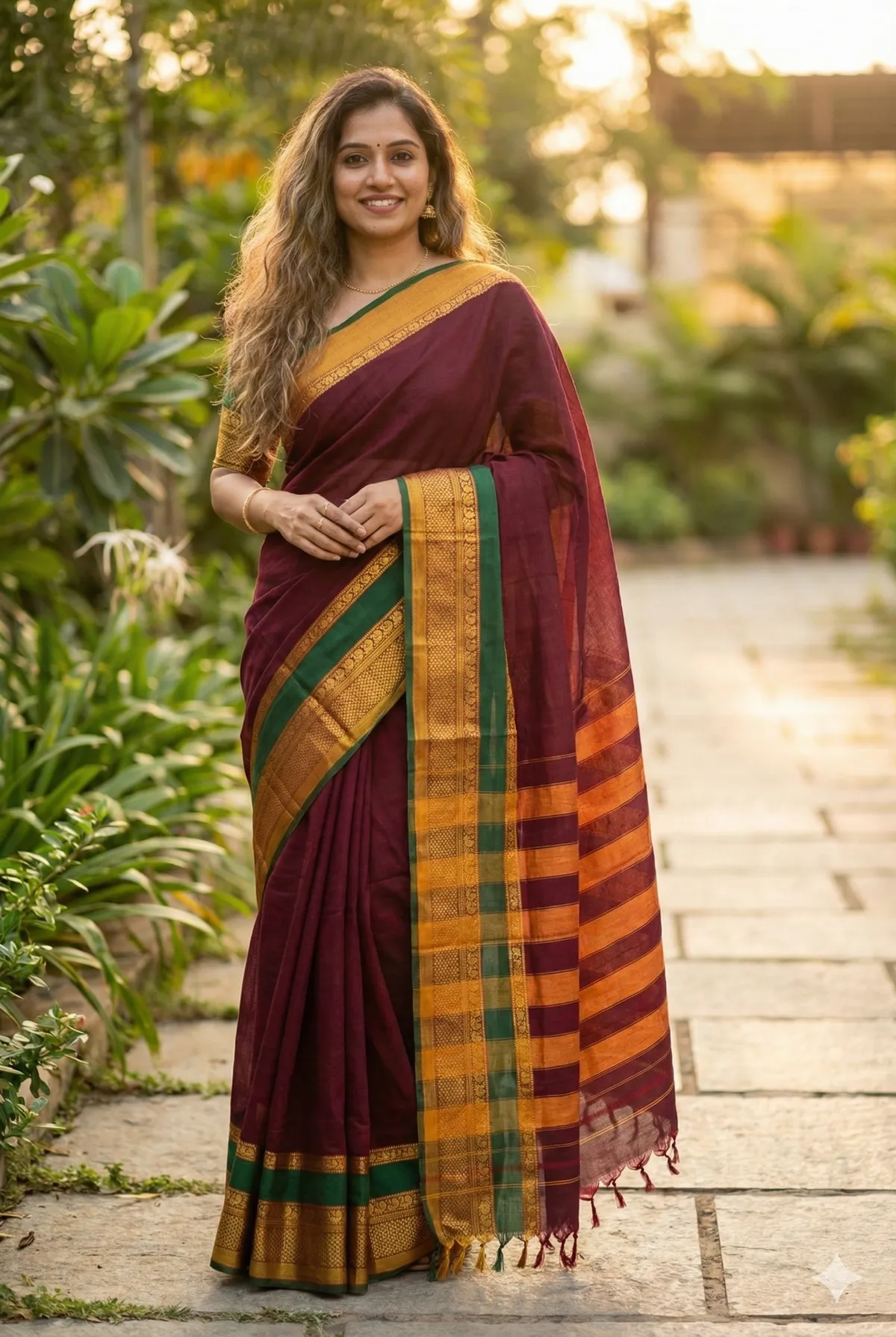 Maroon Pure Cotton Double Peocock Border Saree For Women