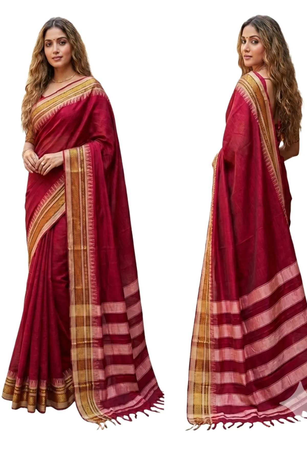 Red Maroon GM Temple Border Narayanpet Pure Cotton Saree | Handloom Traditional Saree for Women | 6.20m with Blouse Piece