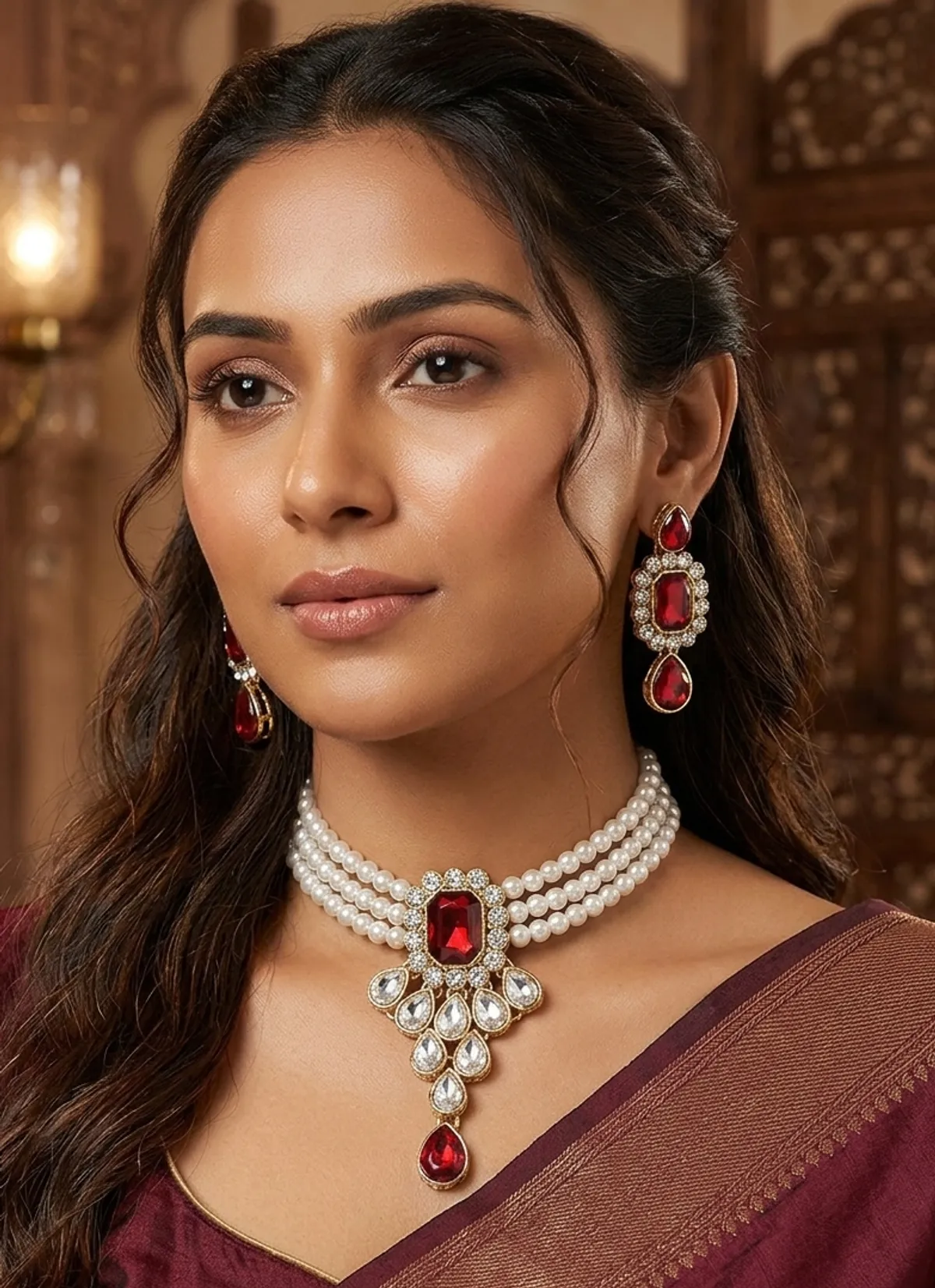 Viva Jewels Regal Three-Layer Pearl & Ruby Statement Set – Handcrafted Gold-Plated Rani Haar with Maroon Stone Pendant and Matching Drop Earrings