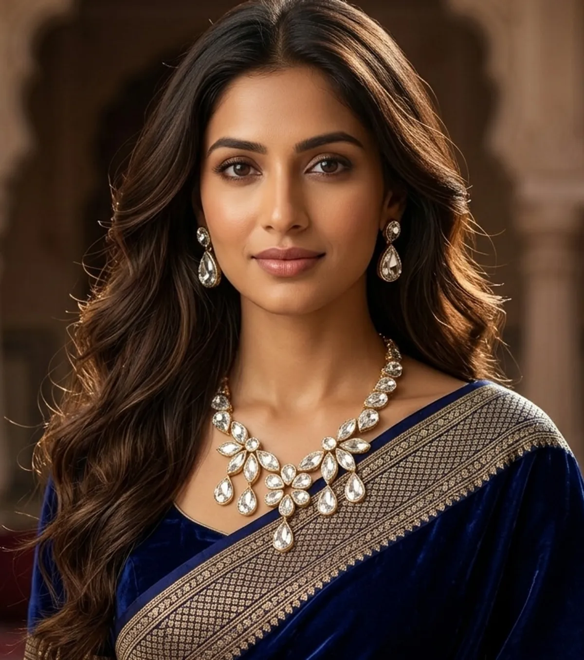 Viva Jewels Regal Gold-Plated White Kundan Statement Choker Set – Handcrafted Floral Pear-Cut Crystal Necklace with Matching Drop Earrings