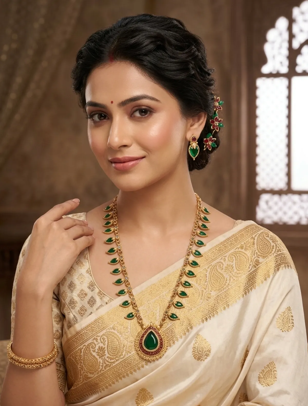 Viva Jewels Heritage Gold-Plated Long Temple Jewelry Set – Exquisite Matte Finish Lakshmi Pendant Necklace with Green Stone Accents and Matching Earrings
