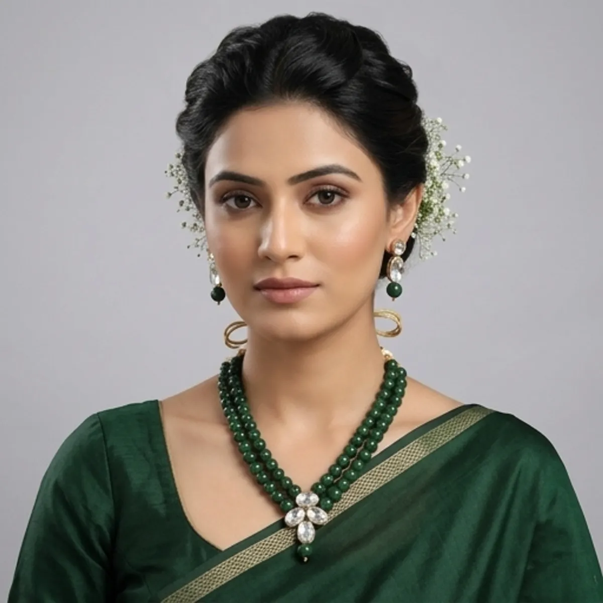 Viva Jewels Heritage Green Double-Strand Bead Necklace – Premium Gold-Plated Choker with Floral Kundan Pendant and Matching Drop Earrings