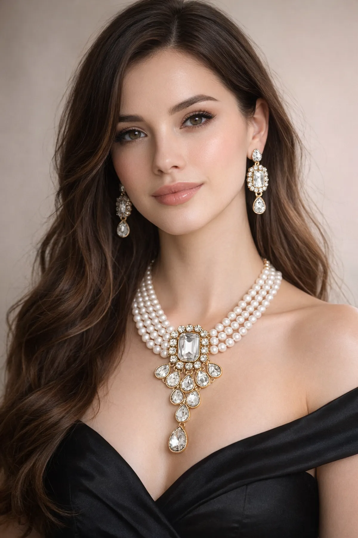 Viva Jewels Traditional Gold-Plated Pearl Choker Set – Classic Multi-Strand Pearl Necklace with Intricate Pendant and Matching Earrings