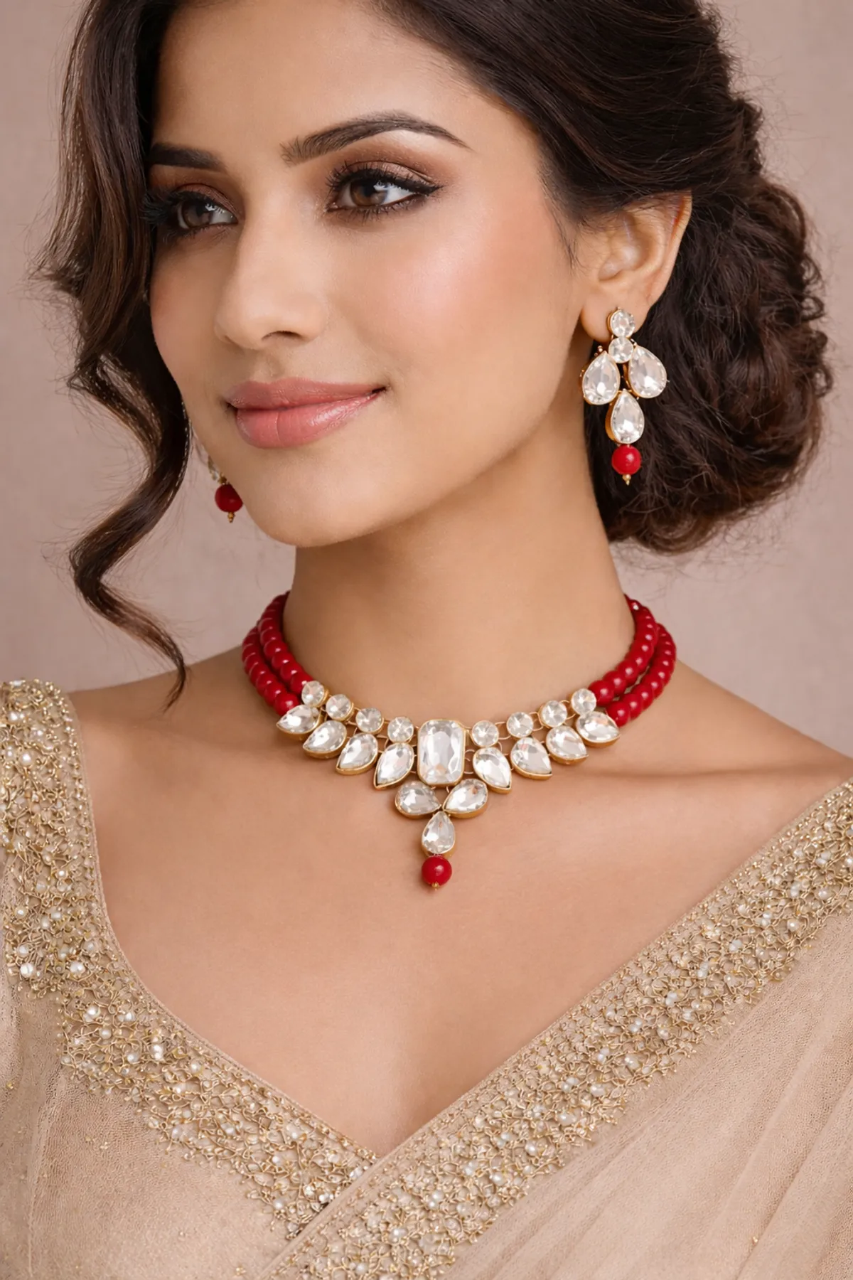 Viva Jewels Regal Crimson & Gold Kundan Choker Set – Premium Dual-Strand Red Beaded Necklace with Shimmering Polki Accents and Matching Drop Earrings