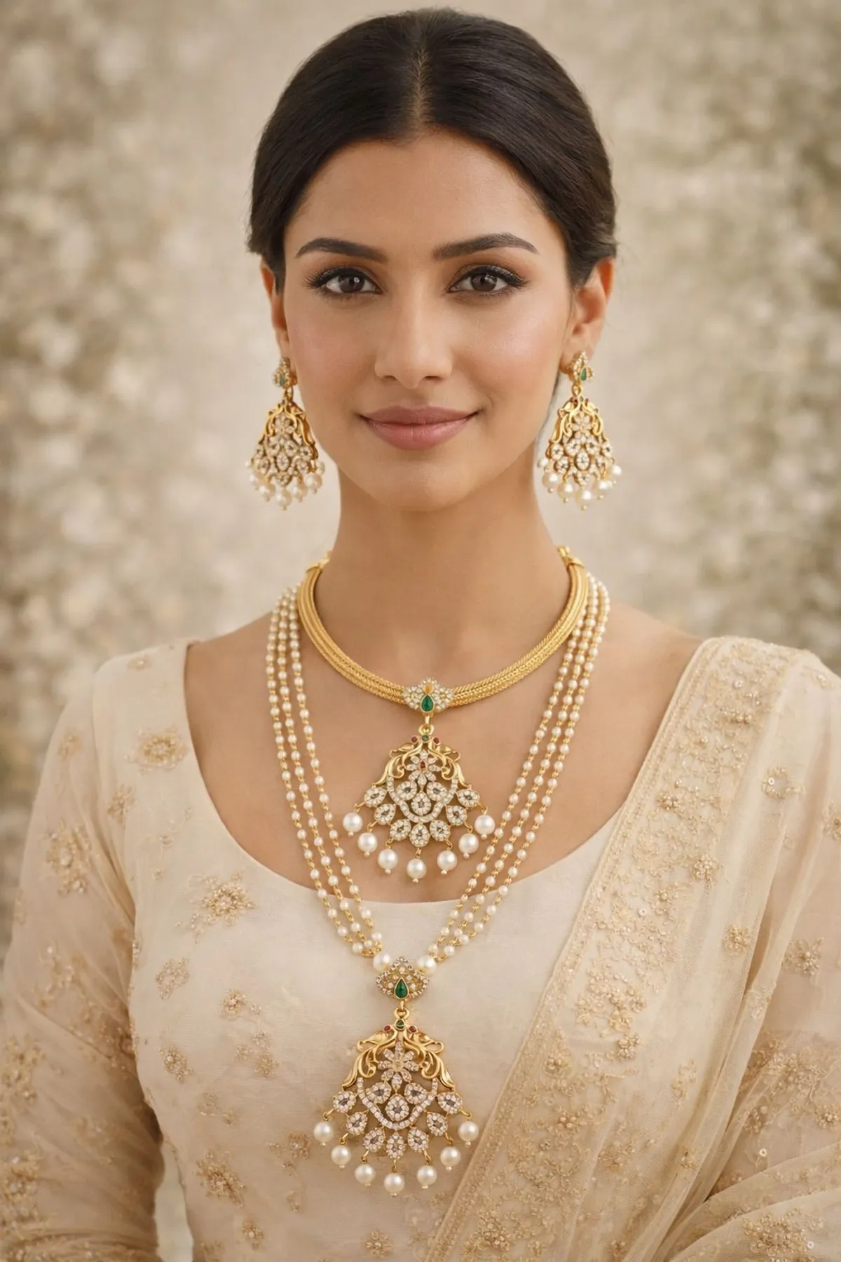 Viva Jewels Regal Heritage Bridal Set – Multi-Strand Pearl Haar with Gold-Plated Choker, Crystal-Encrusted Filigree Pendants, and Matching Chandbali Earrings