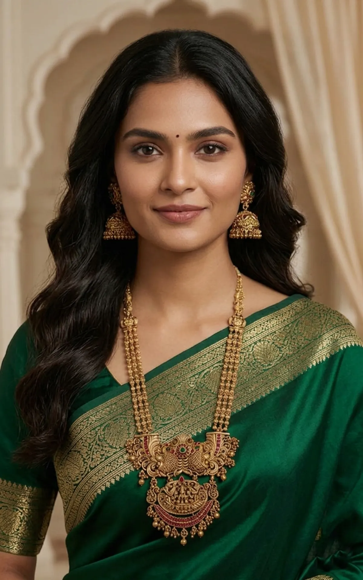 Viva Jewels Divine Goddess Lakshmi Temple Jewelry Set – Antique Gold-Plated Long Haram Necklace with Intricate Peacock Motifs and Matching Jhumka Earrings