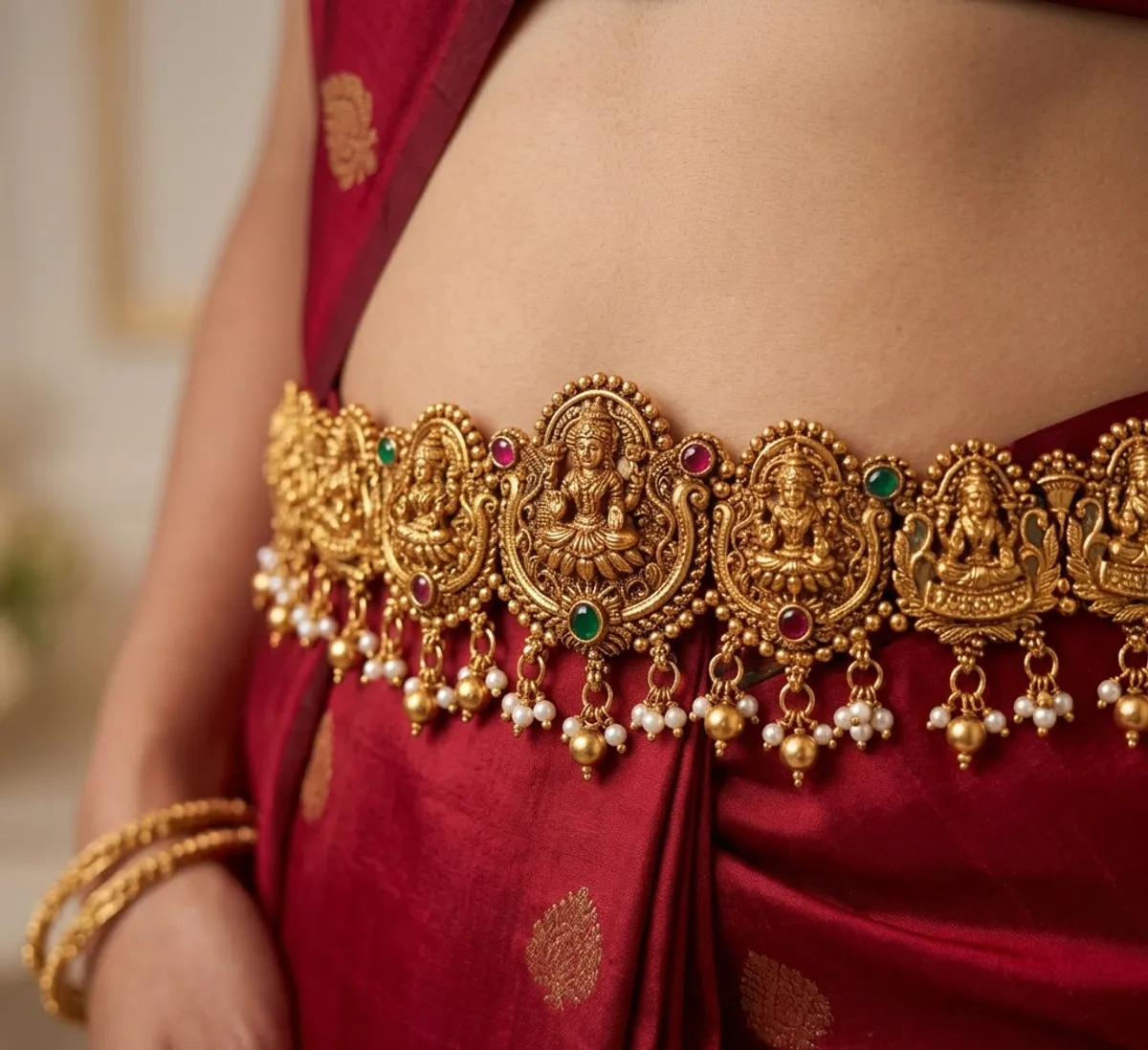 Viva Jewels Regal Temple Heritage Vaddanam – Antique Gold-Plated Waist Belt featuring Ashta Lakshmi Motifs, Ruby & Emerald Accents, and Delicate Pearl Droplets