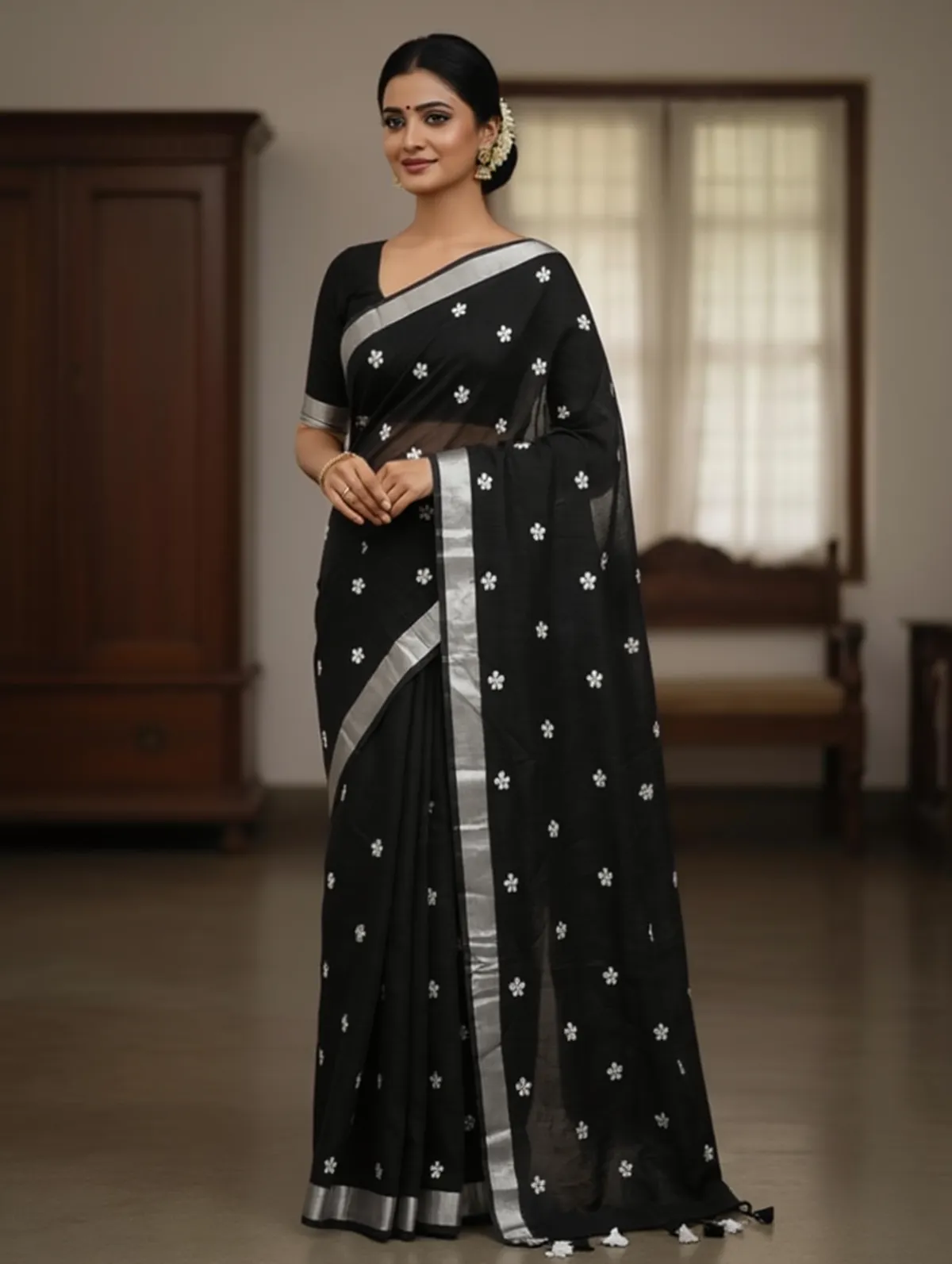 Samaira Khadi cotton Flower Motiv Mbodari saree with Jori Bordar Running Blouse