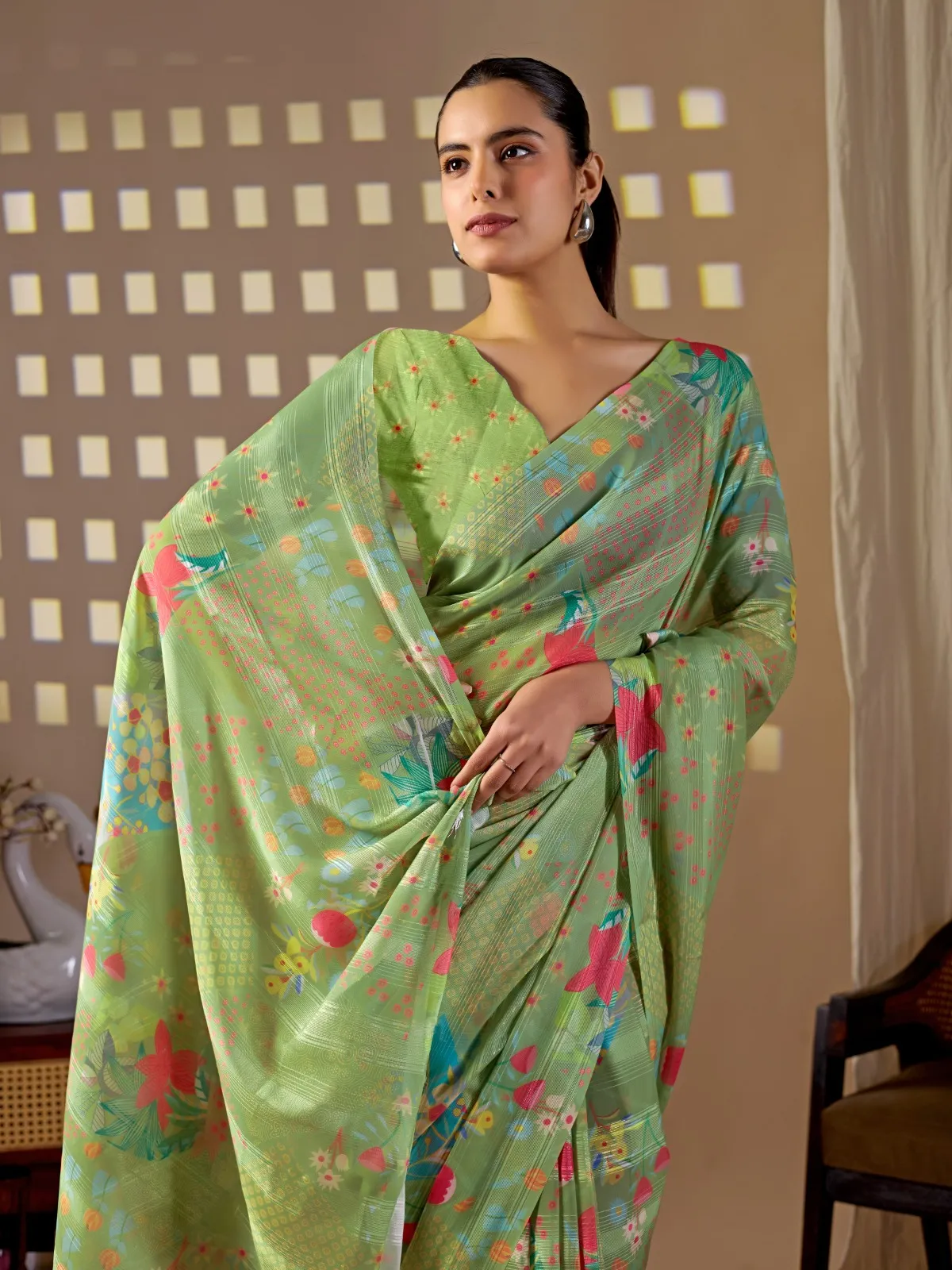 Green Multicolor Floral Digital Print Premium Monsoon Saree with Matching Blouse Piece