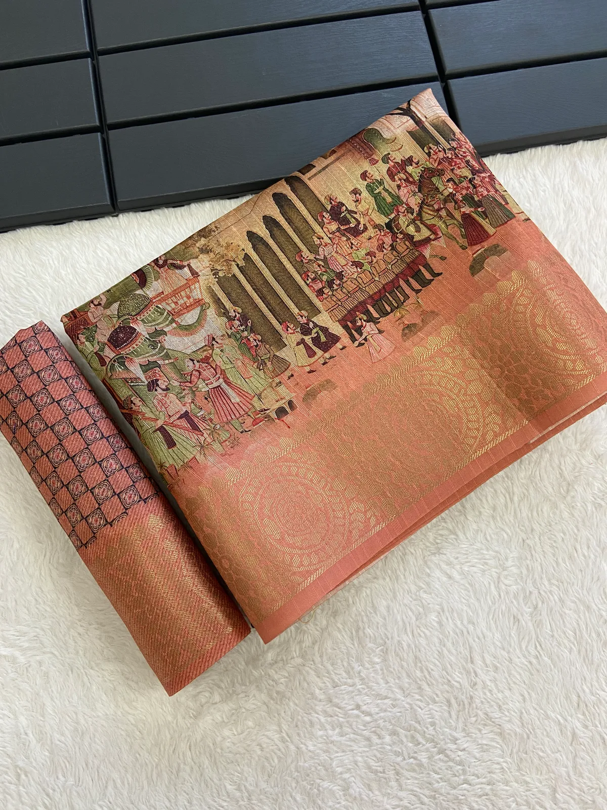 Orange Soft Tussar Silk Weaving Saree With Beautiful Print With Attractive Weaving Border And Rich Zari Weaving Pallu