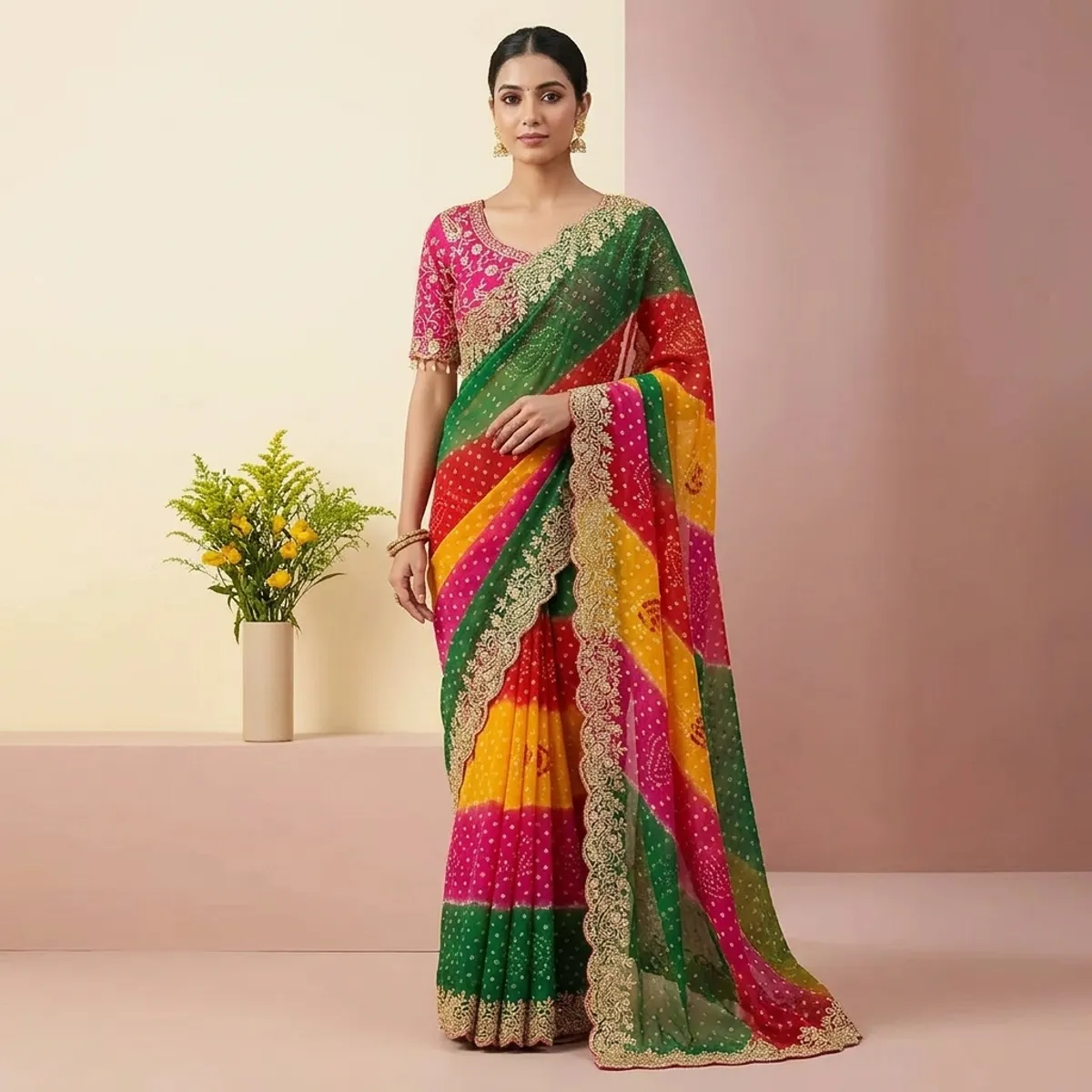 Multicolor Pink Georgette Thread Sequence Embroidery Saree For Women