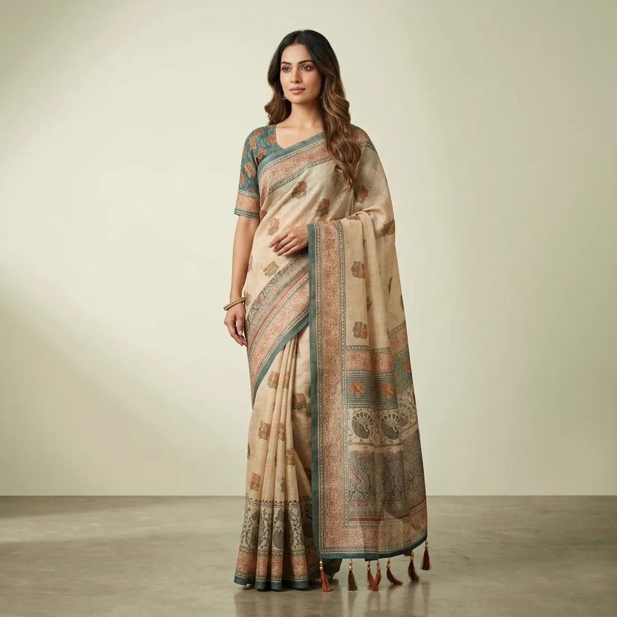 Green Linen Cotton Digital Print Saree For Women
