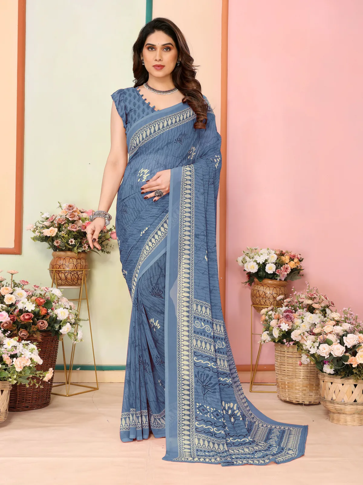 Floral Print Bhagalpuri Chiffon Saree (Blue)