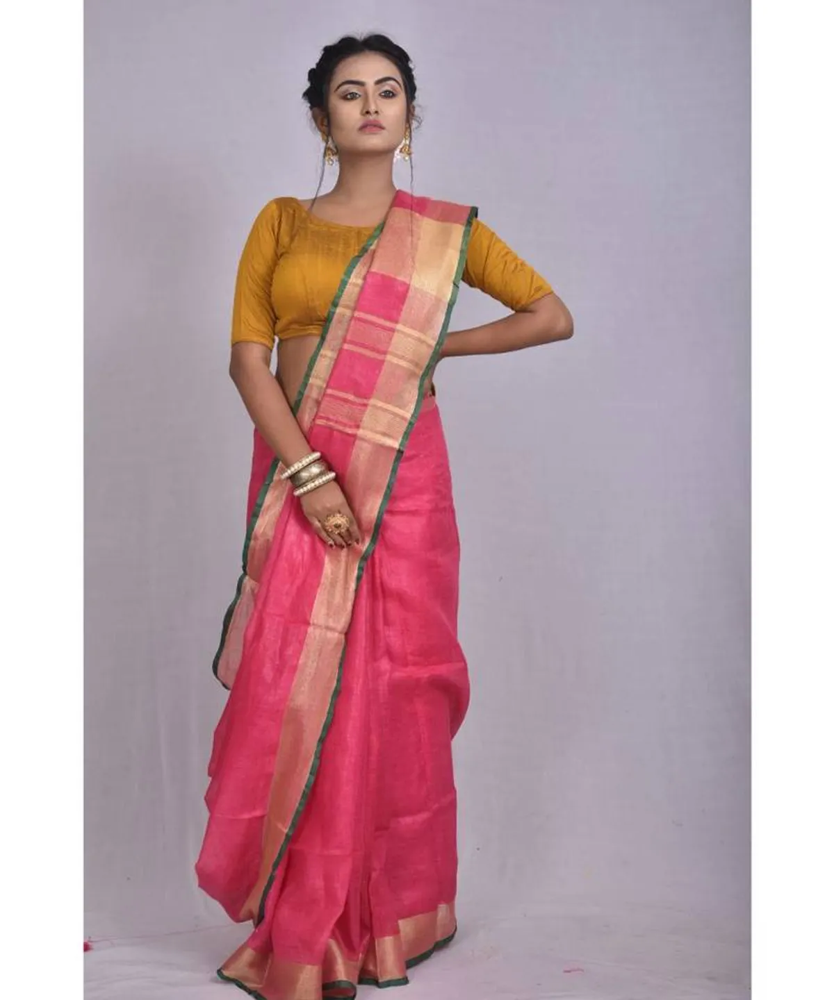 Linen Cotton Blend Contrast Handloom Bhagalpuri Saree for Women (Froly_Pink-Dark_Green)